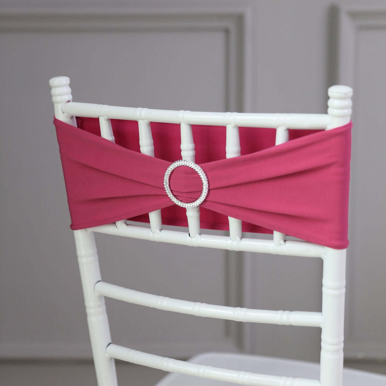 5 Pack Stretch Spandex Chair Sashes Fuchsia - Reusable Chair Bands with Silver Diamond Ring Slide Buckle 5"x14"