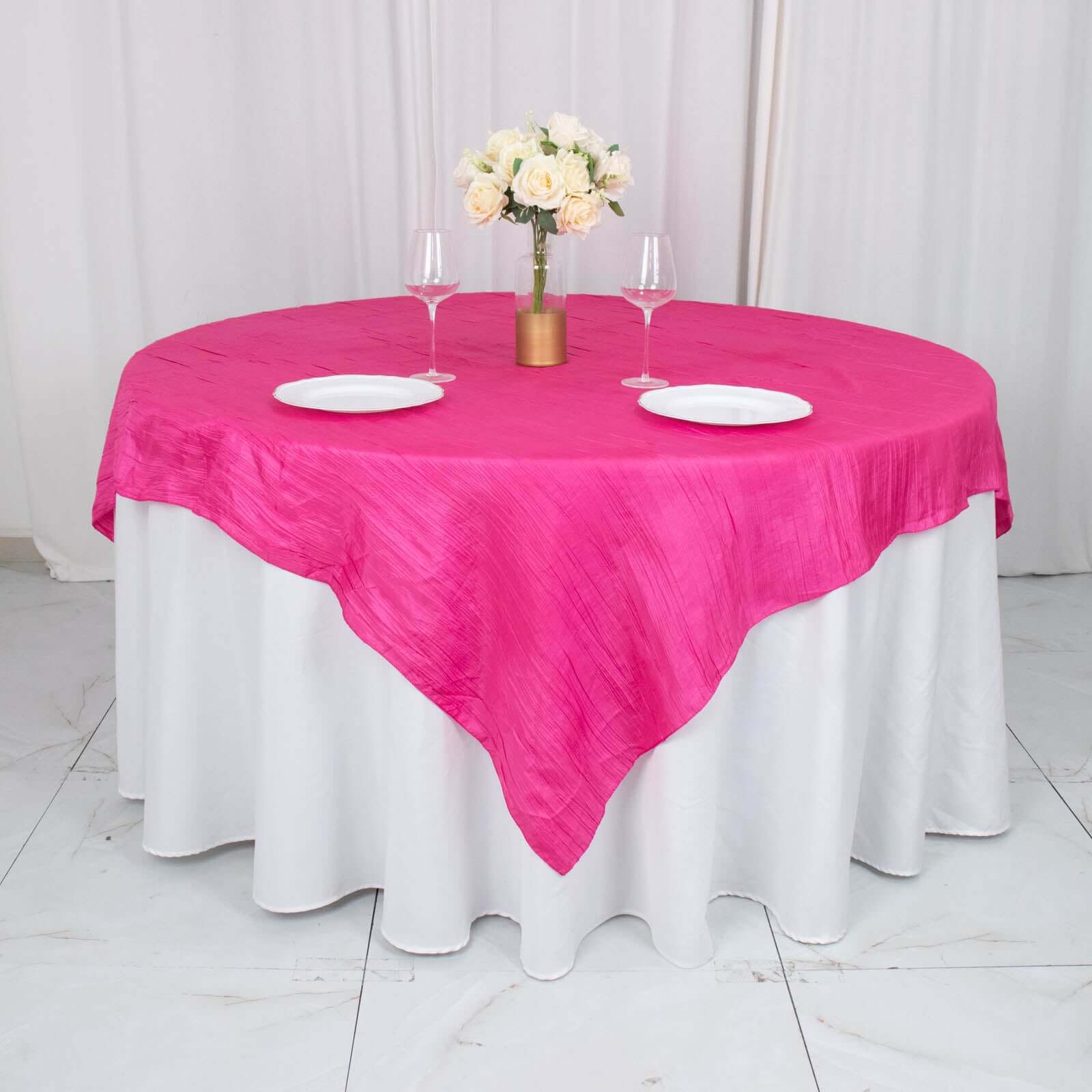 Taffeta 72"x72" Table Overlay Square Tablecloth Fuchsia - Accordion Crinkle Table Cover