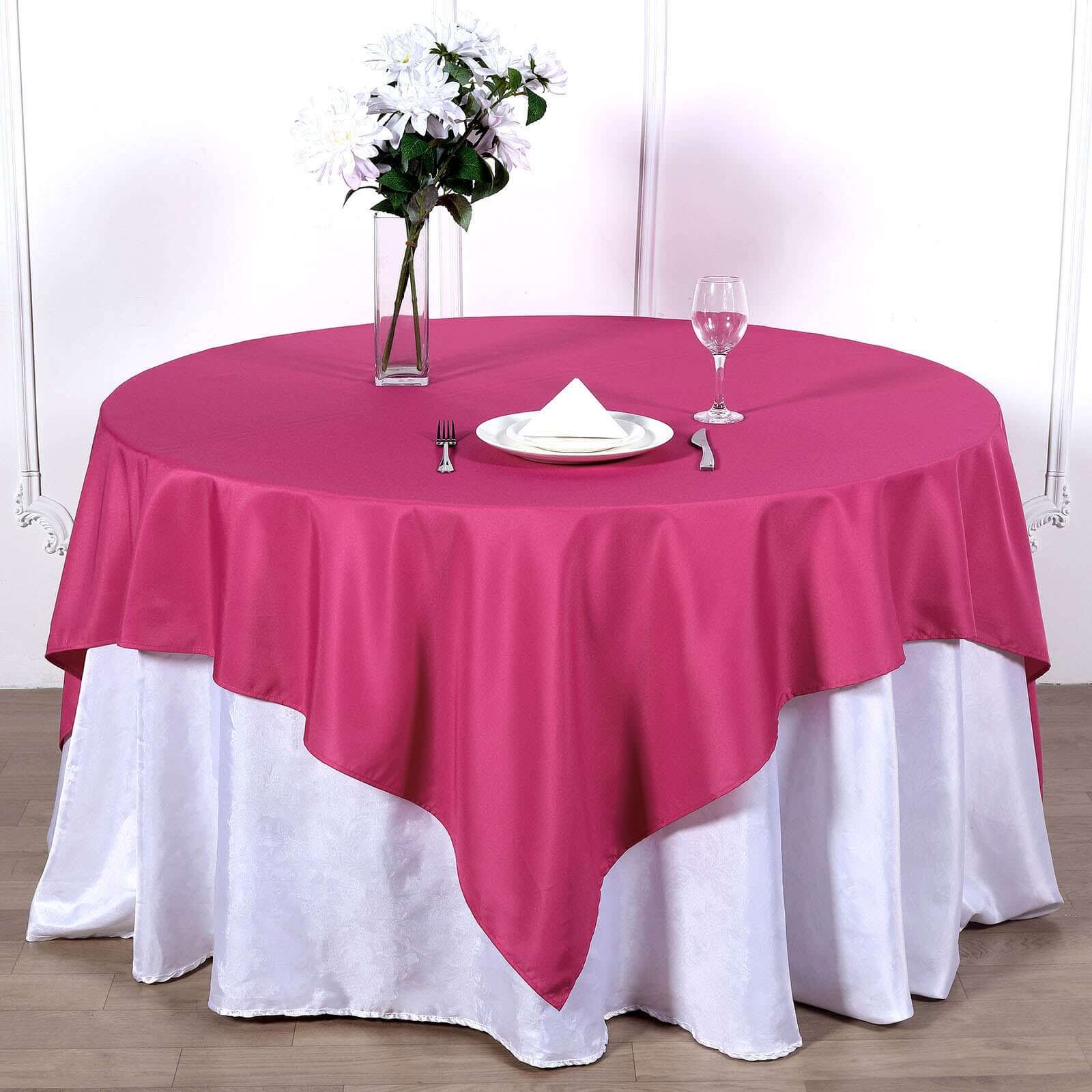 Polyester 70"x70" Table Overlay Square Tablecloth Fuchsia - Wrinkle-Resistant & Durable Table Cover
