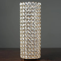 Full Crystal Beaded Candle Holder Shiny Gold Metal - Stylish Pillar Stand for Weddings 16"
