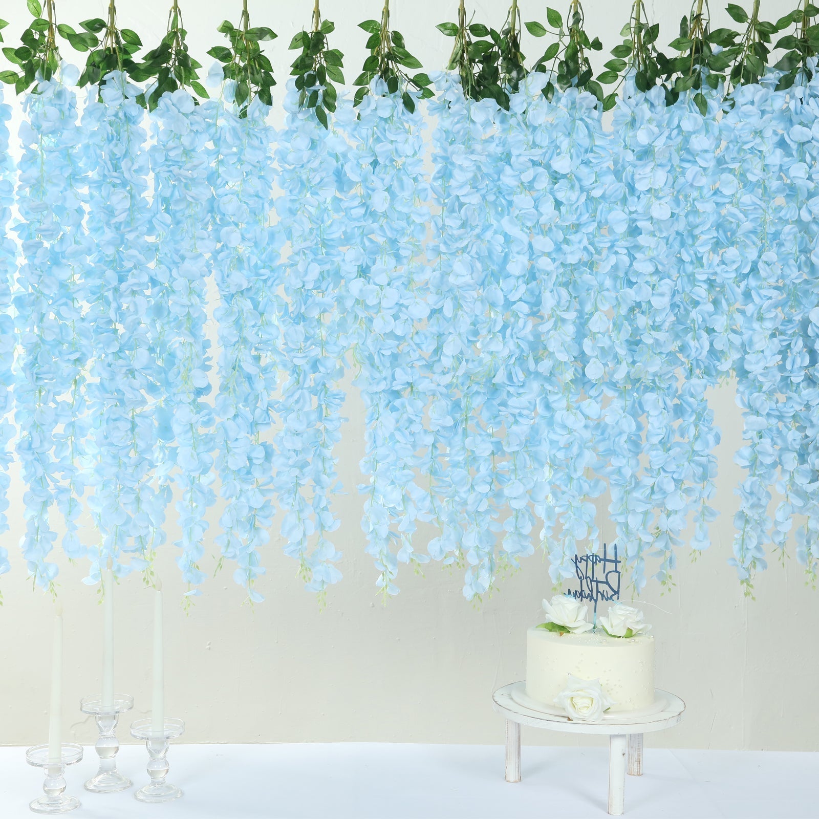 42" Silk Hanging Wisteria Flower Garland Vines in Light Blue, Elaborated 5 Full Strands in 1 Bush