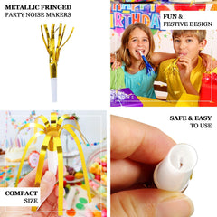 24 Pack Party Horn Noisemakers with Tassels - 7" Gold Metallic Fringed Blowouts for Events and Gatherings - Plastic & Foil Design