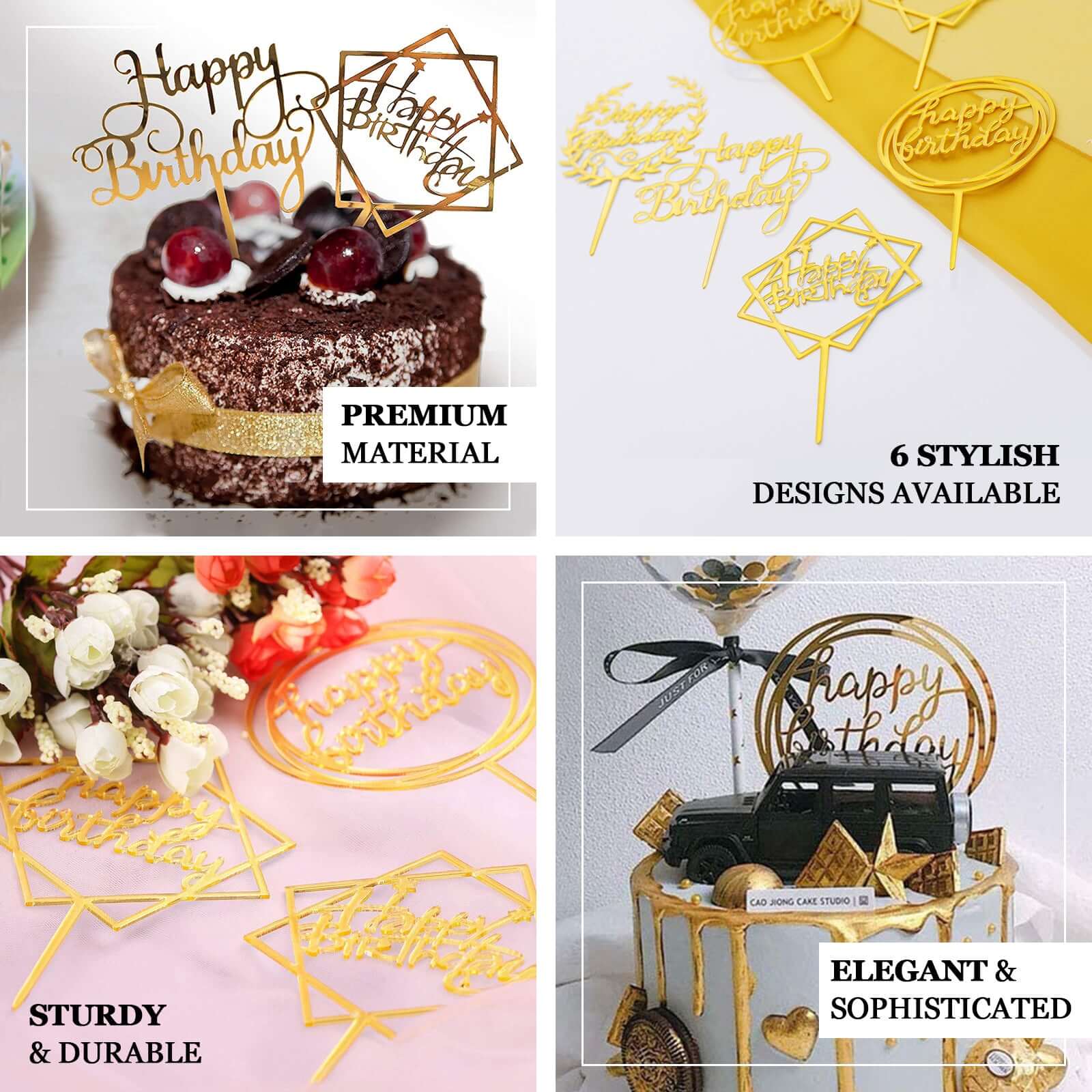 6-Pack Acrylic Happy Birthday Cake Toppers Gold Assorted Styles - Fun Reusable Cake Inserts for DIY Party Decoration Supplies