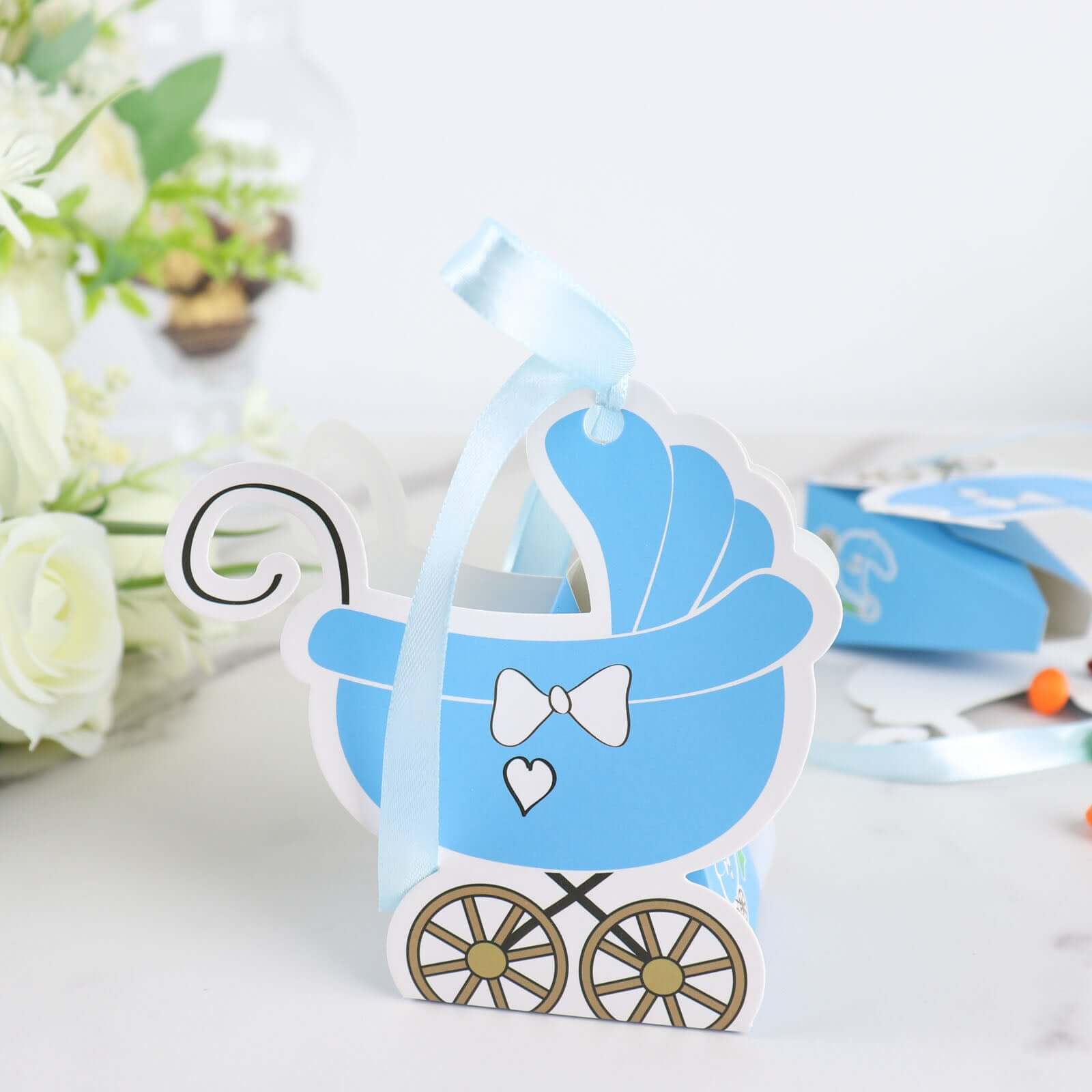25 Pack Light Blue Baby Paper Stroller Party Favor Gift Boxes, Cardstock Carriage Candy Boxes with Ribbon Ties - 4.5"x2"x4"