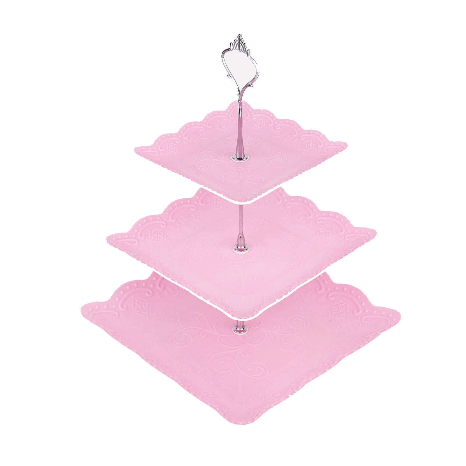 3-Tier Plastic Square Cupcake Stand Tower Pink - Charming Easy to Assemble Dessert Display Serving Tray Platter with Floral Embossed Scalloped Rim & Silver Handle for Tea Parties Weddings & Special Occasions 13"