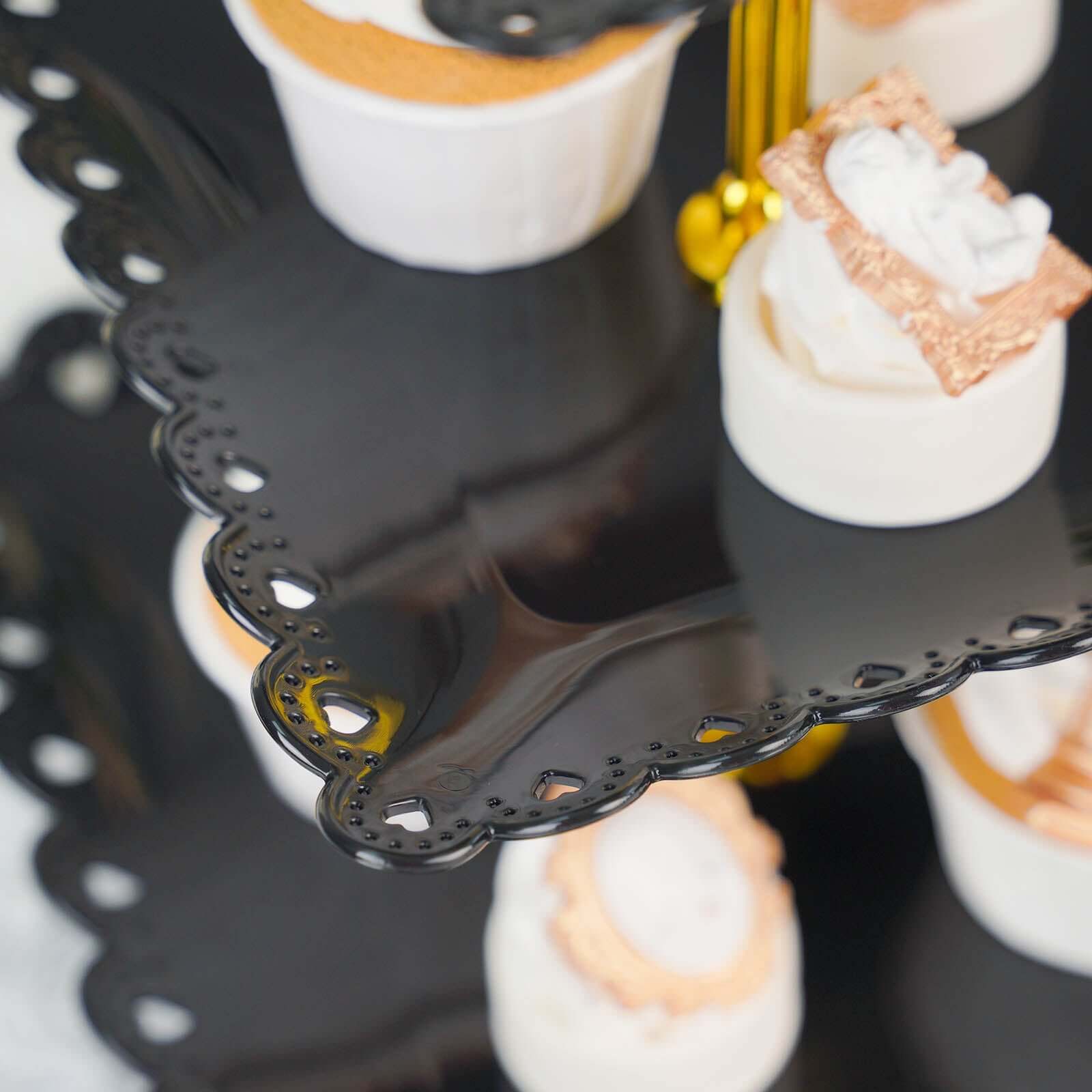 3-Tier Plastic Square Cupcake Stand Tower Black - Charming Disposable Dessert Display Serving Tray Platter with Heart Wavy Edge & Gold Top Handle for Tea Parties Weddings & Special Occasions 13"