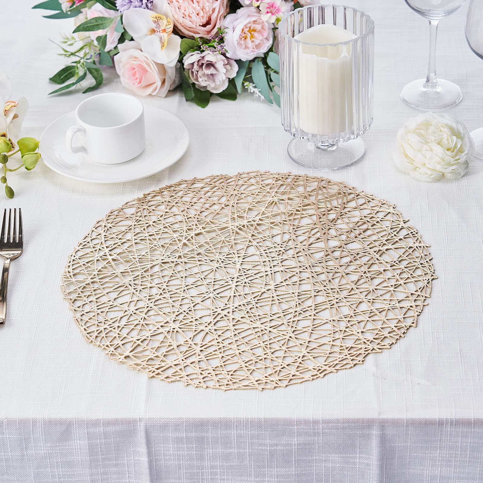 6-Pack Vinyl Placemats Champagne Woven Design - Durable Non-Slip Round Table Mats for Dining 15"