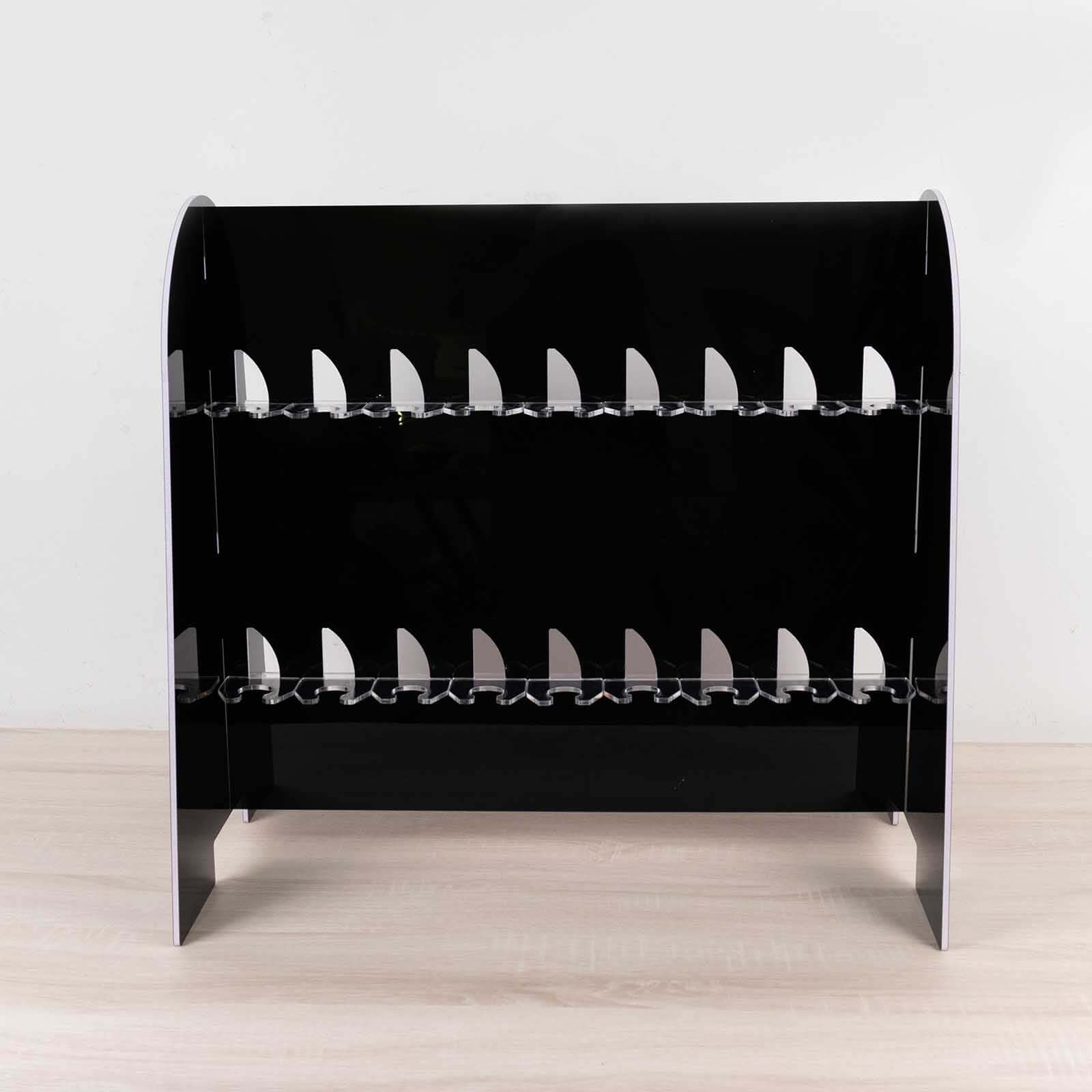 2-Tier Champagne Glass Holder Display Stand Table Top in Glossy Black - Modern Stemware Rack Cocktail Drink Holder with 18 Hooks for Events & DIY Bars 25"