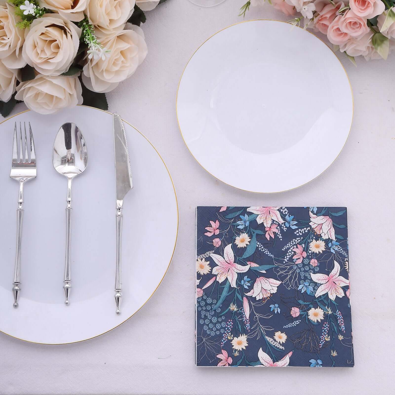 20-Pack Paper Beverage Napkins with Water Lily Floral Design Navy Blue - 2 Ply Soft 18GSM Wedding Napkins 6.5"x6.5"