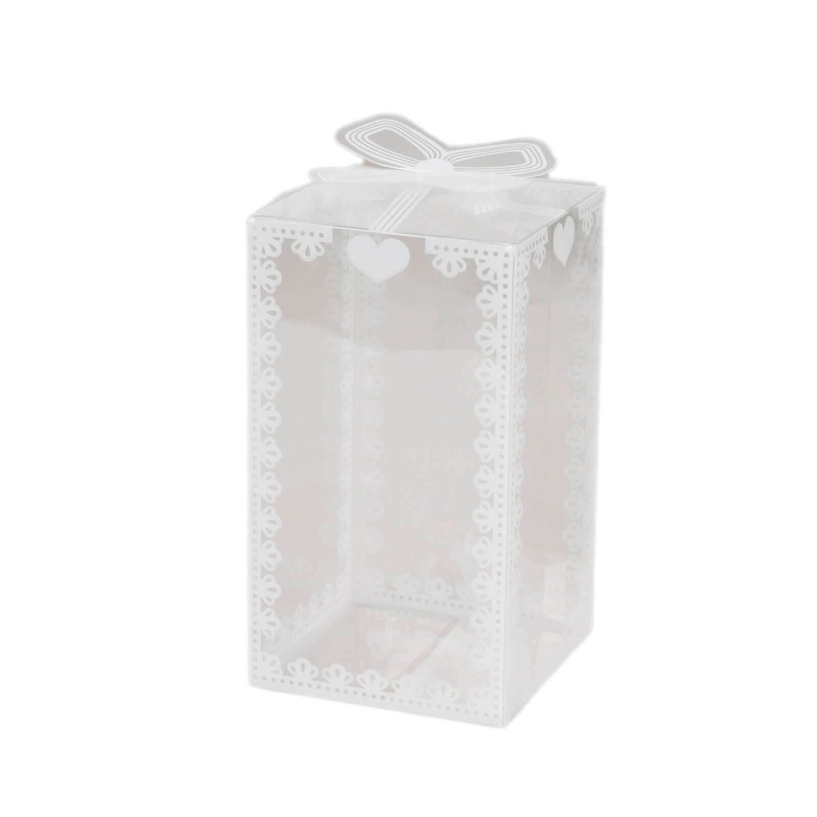 25 Pack Clear Rectangle Candy Gift Boxes With Bowknot and White Lace Pattern, 4" Transparent Plastic Party Favor Boxes - 2"x2"x4"