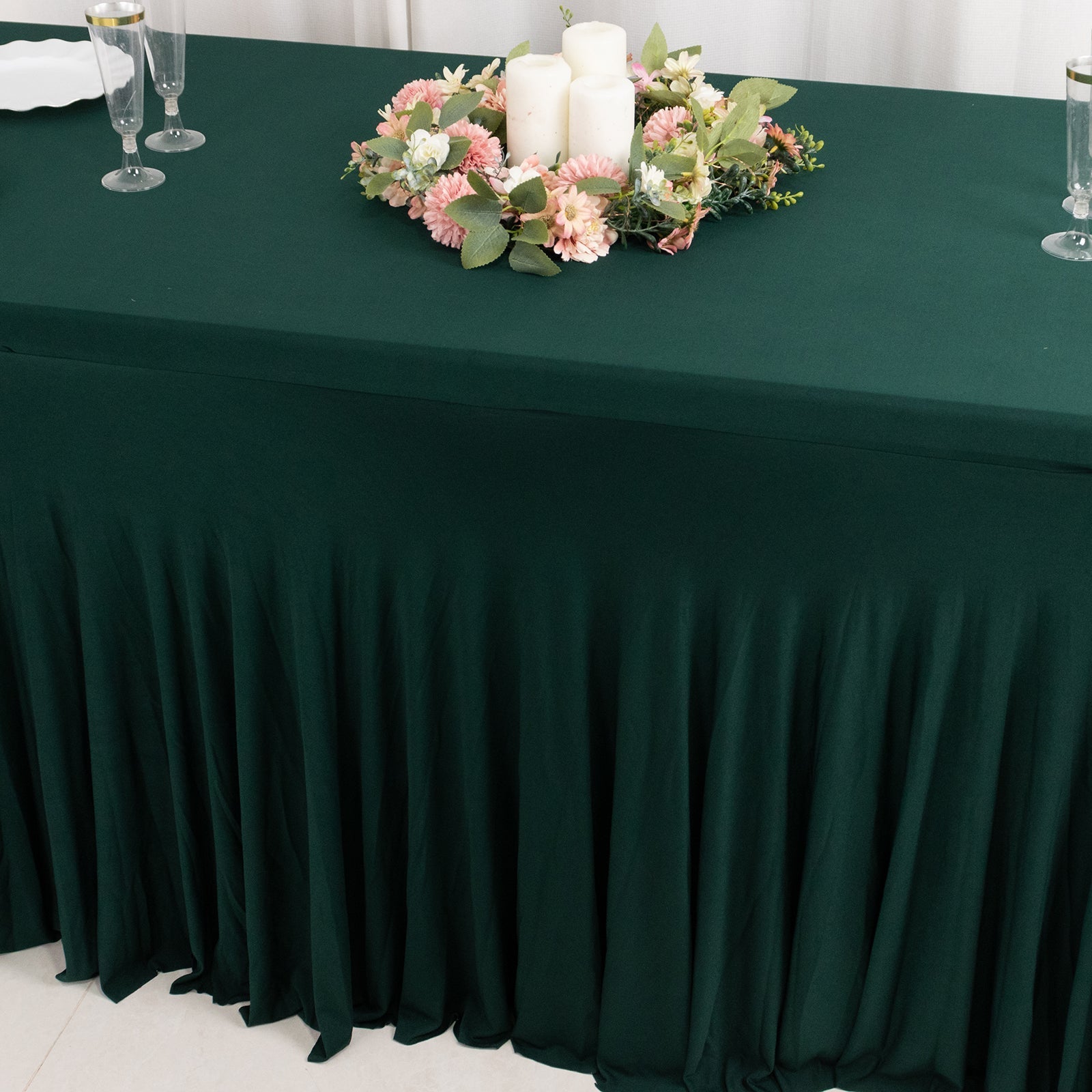 Spandex Rectangle 72"x30" Table Skirt Hunter Emerald Green with Wavy Skirt-Like Effect Table Cover