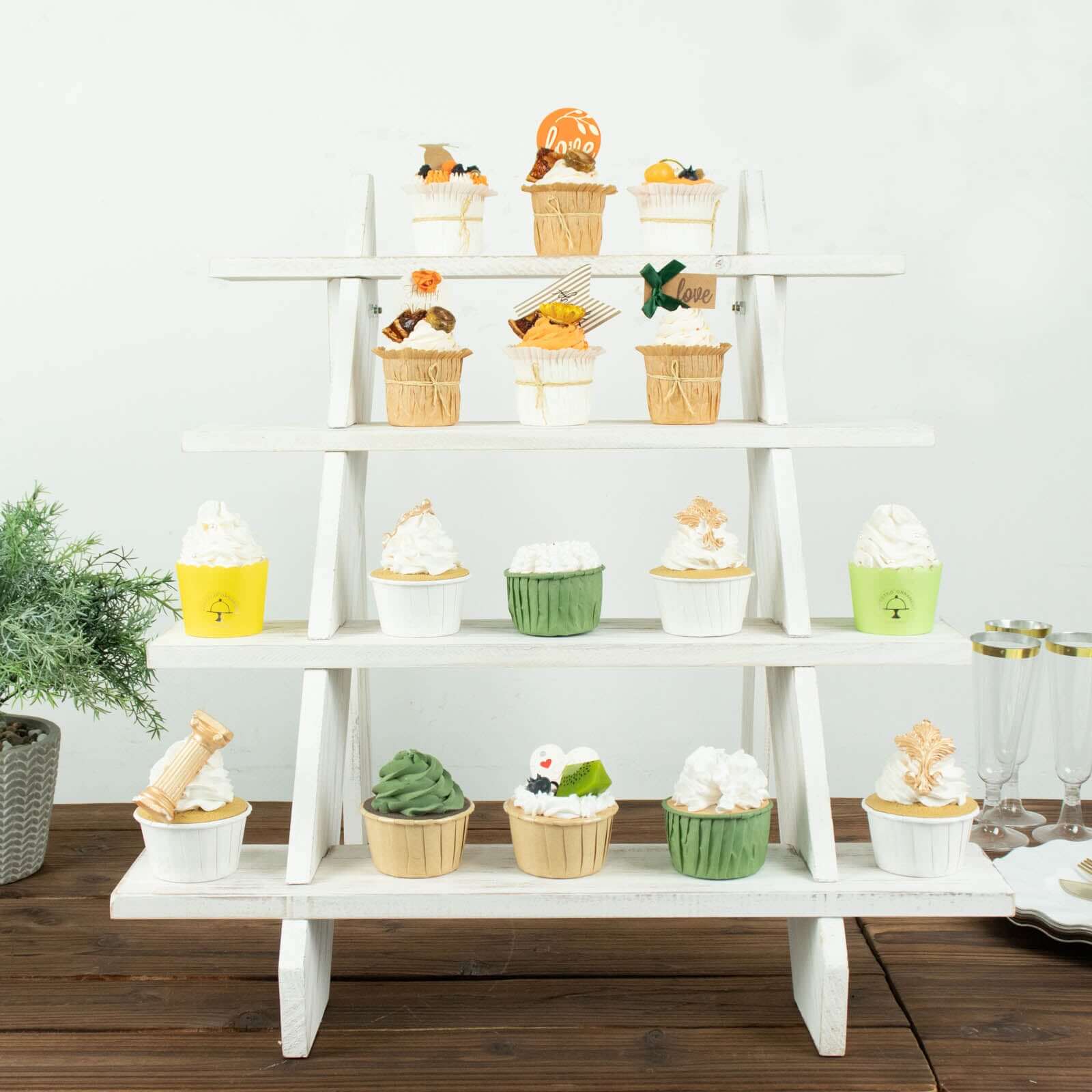 4-Tier Wooden Ladder Shelf Whitewashed Rustic Design - Cascading Stair Step Dessert Display Cupcake Holder 21"