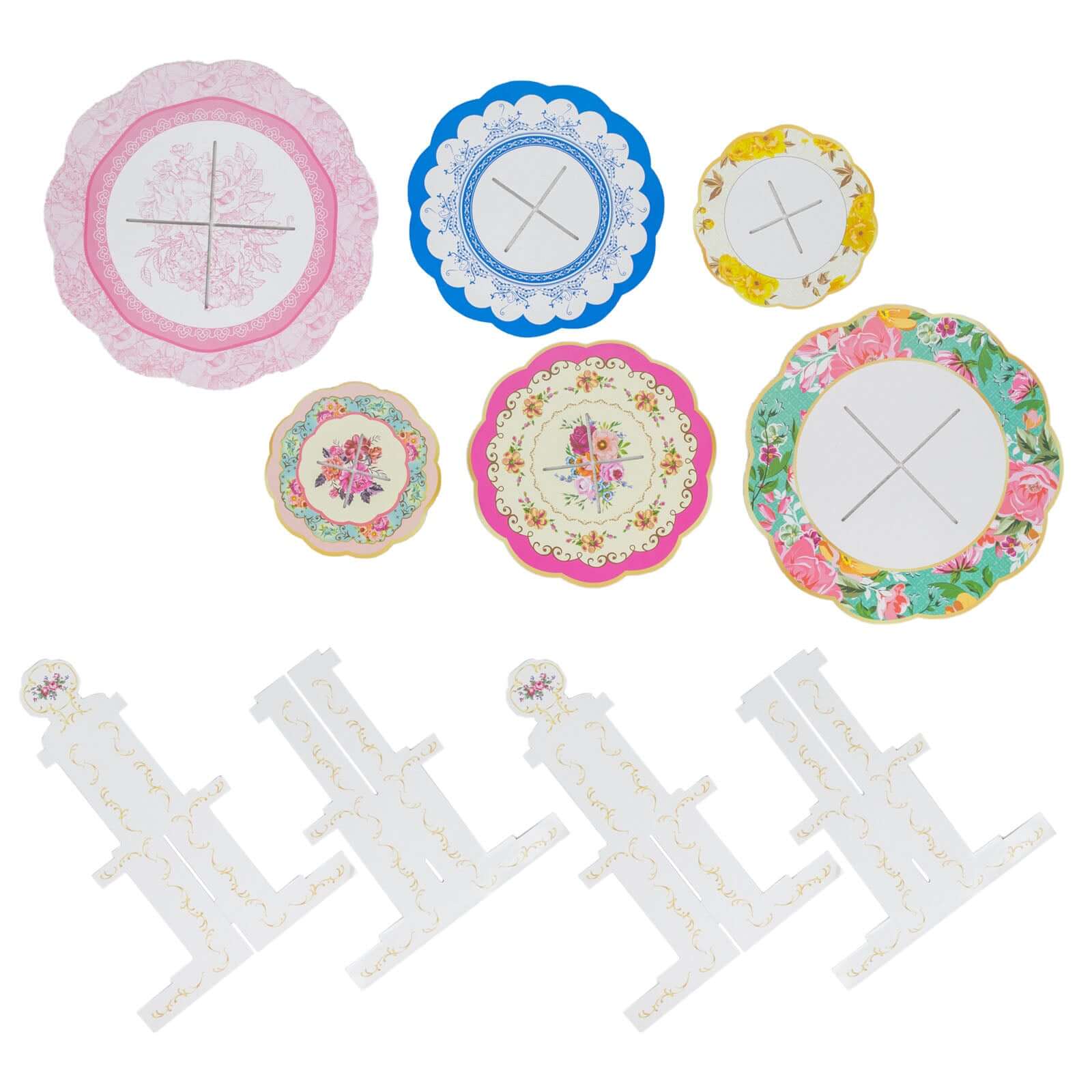 2-Pack Cardboard Round Cupcake Stand Assorted Floral Design - 3-Tier Reusable Dessert Display Pedestal With Scalloped Edges for Garden-Themed Celebrations 14"