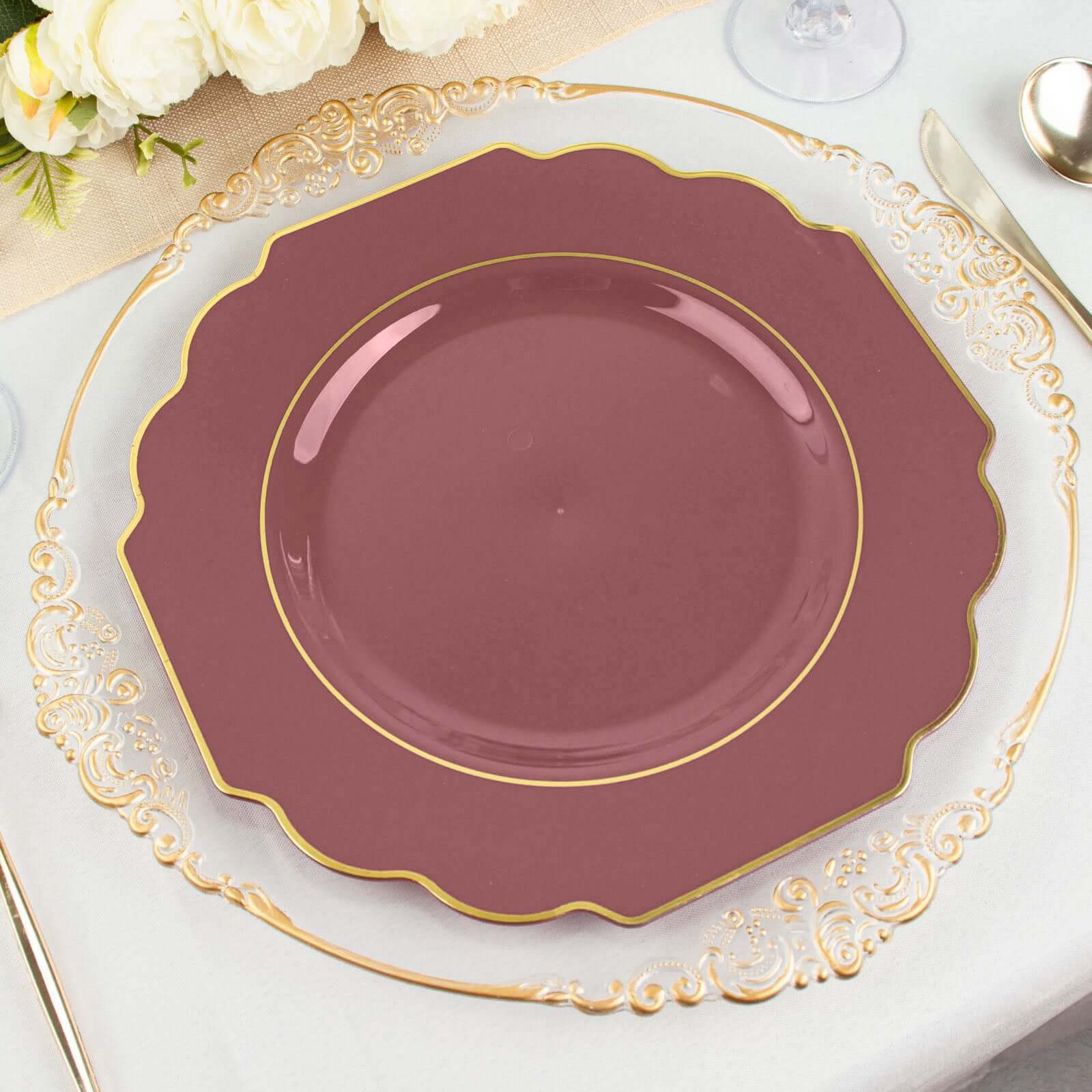10-Pack Plastic Dinner Plates in Cinnamon Rose Baroque Design with Scalloped Gold Rim - Heavy Duty Disposable Party Plates 11"