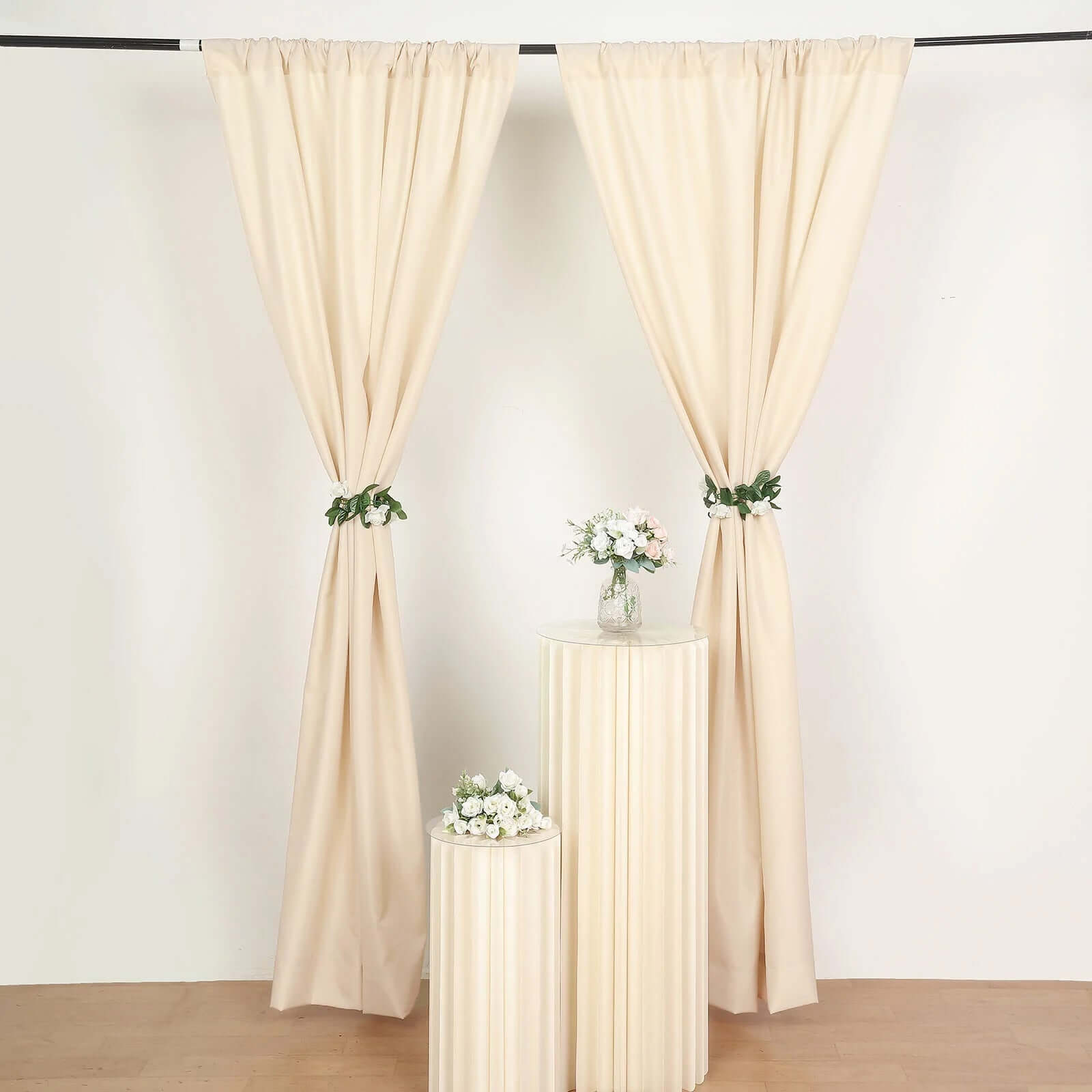 2 Pack Beige Polyester Event Curtain Drapes, 10ftx8ft Backdrop Event Panels With Rod Pockets 130 GSM