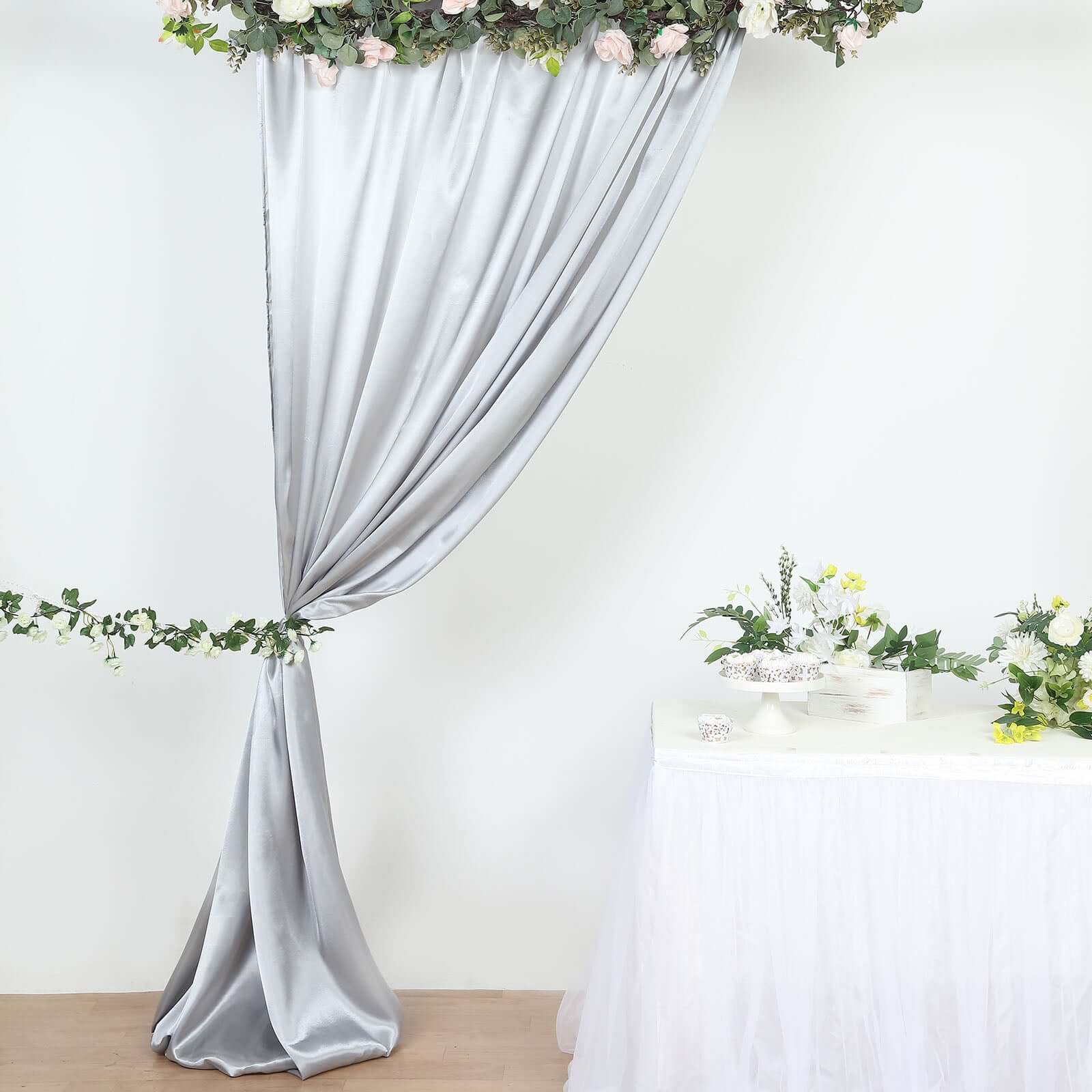 8ftx10ft Silver Satin Event Curtain Drapes, Backdrop Event Panel