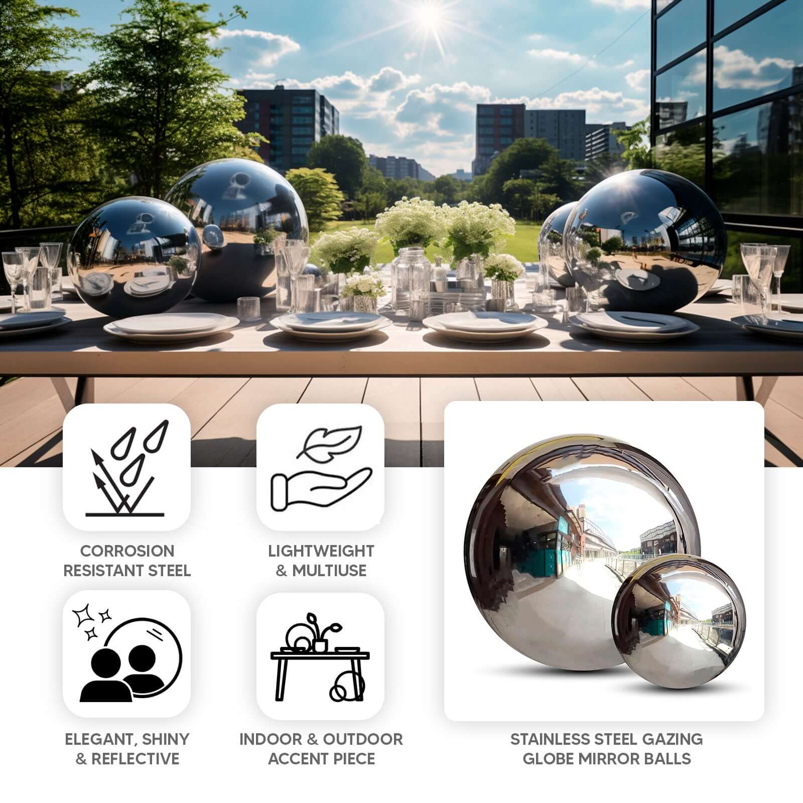 2-Pack Gazing Globe Mirror Ball Reflective Hollow Stainless Steel Silver Spheres - Decorative Outdoor Garden Display 12"