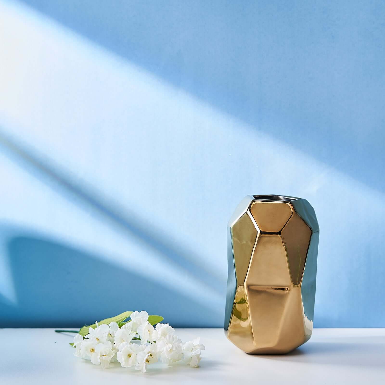 2-Pack Ceramic Cylinder Vases Metallic Gold Geometric - Stylish Modern Decor for Floral Arrangements 6"