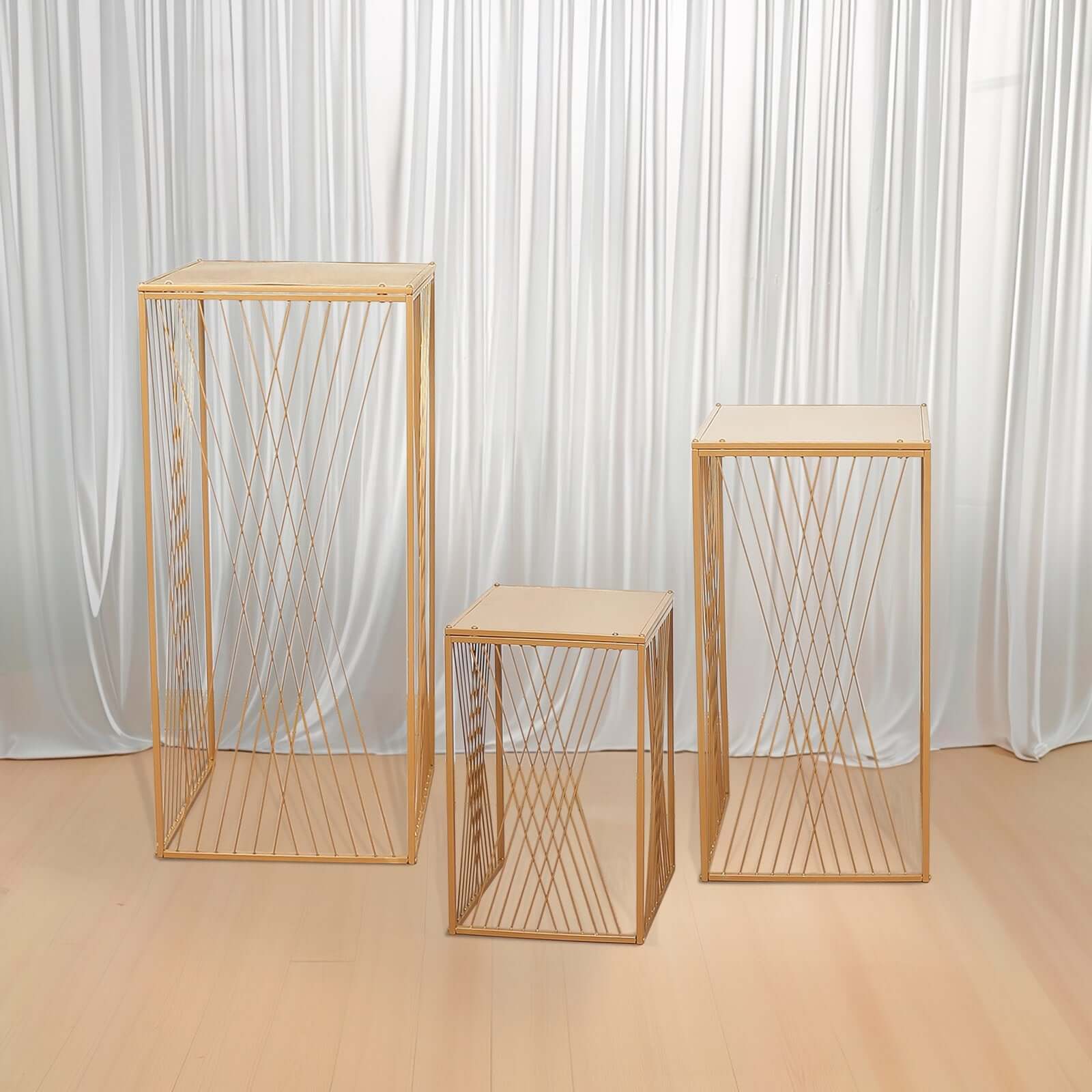 Set of 3 Gold Metal Rectangular Plant Stands with Geometric Crossed Lines Pattern, Nesting Cake Dessert Tables Floral Display Stands - 19",27",35"