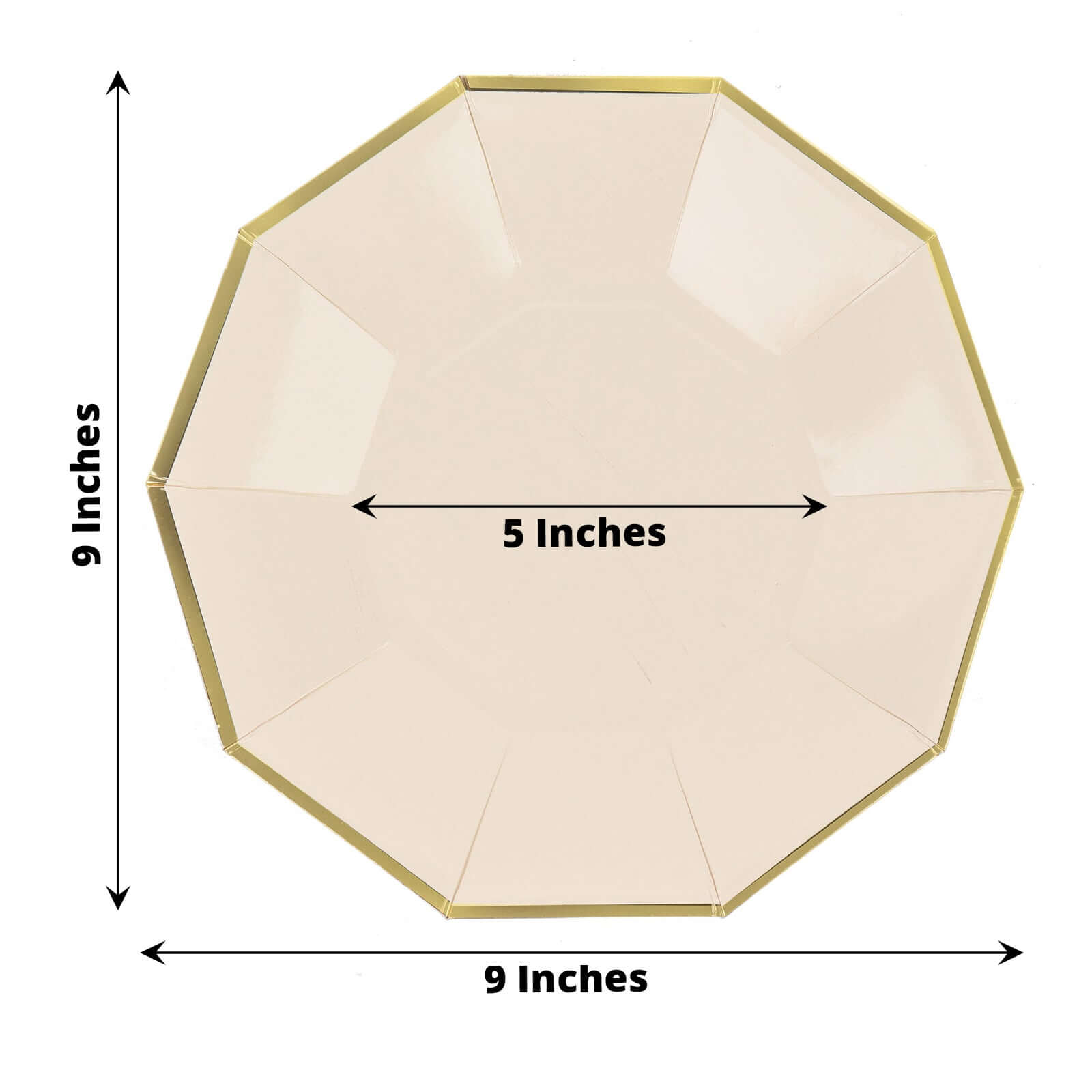 25-Pack Paper 9" Decagon Dinner Plates in Beige with Gold Foil Rim - Disposable Geometric Party Plates for Modern Weddings & Events