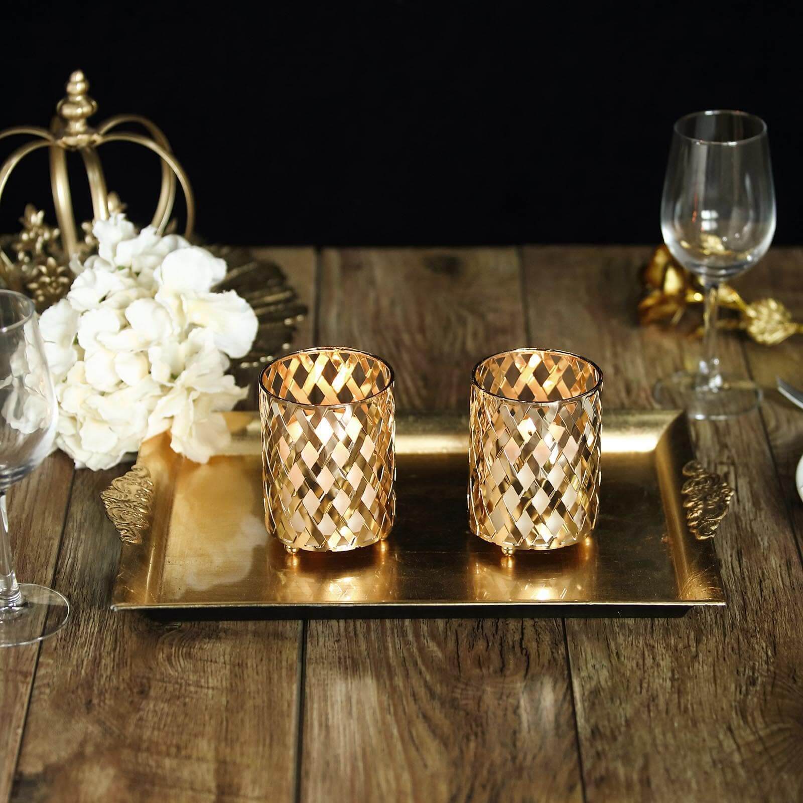 2-Pack Votive Candle Holders Gold Metal Diamond Cut Geometric Design - Perfect for Home Décor and Events 4"