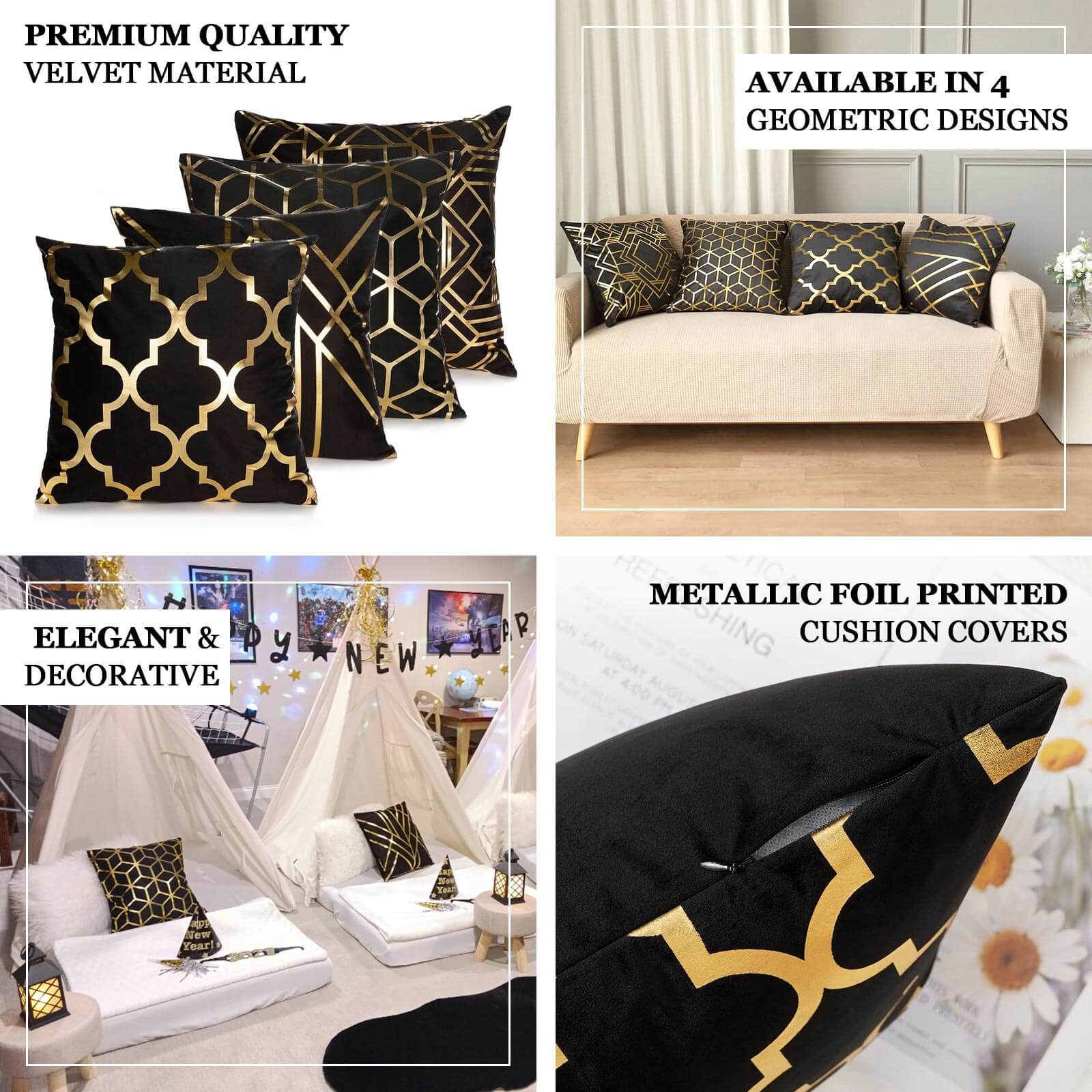 Set Of 4 18" Black Gold Foil Geometric Print Throw Pillow Covers, Velvet Square Sofa Cushion Covers