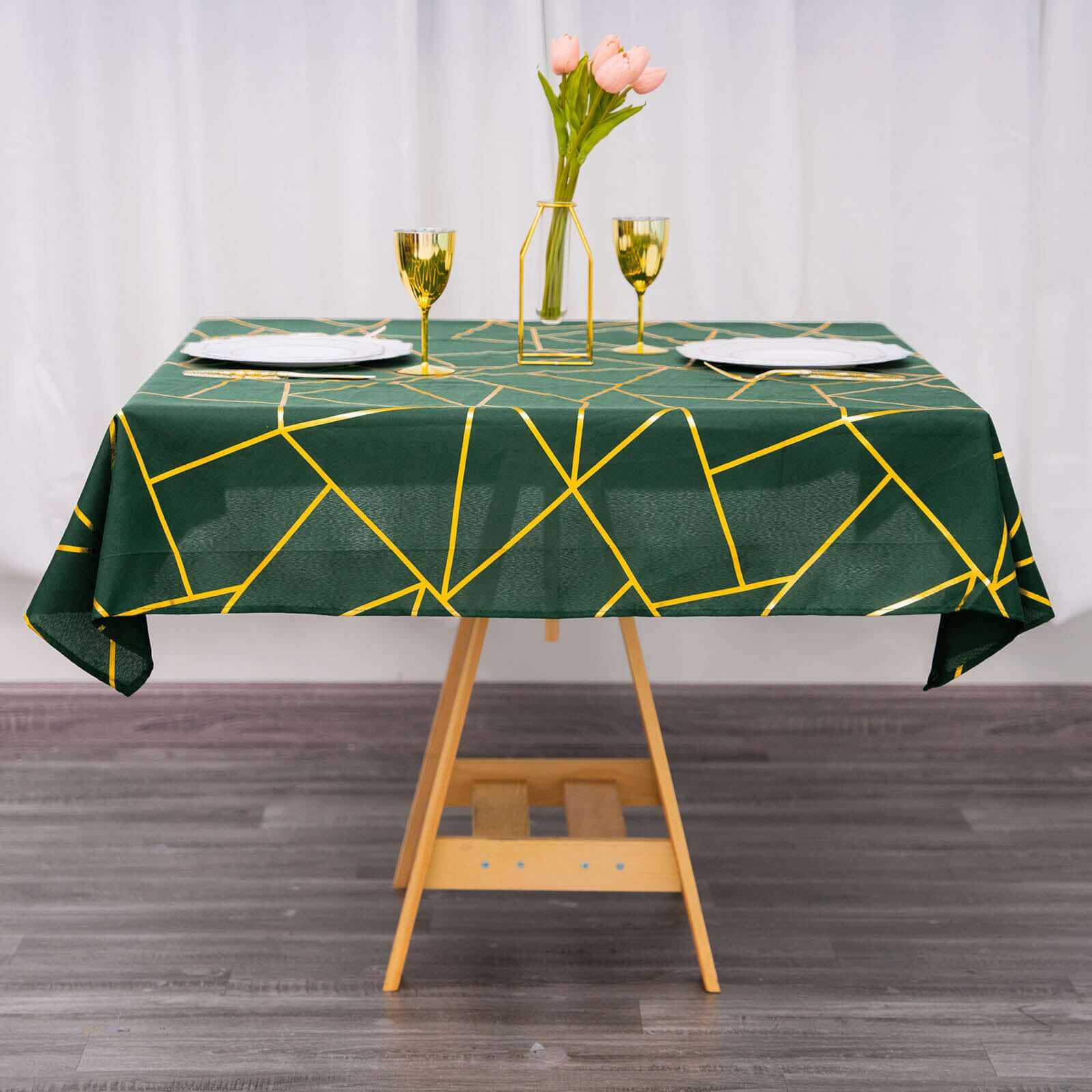 Polyester 54"x54" Table Overlay Square Tablecloth Hunter Emerald Green with Gold Foil Geometric Pattern - Wrinkle-Resistant & Durable Table Topper