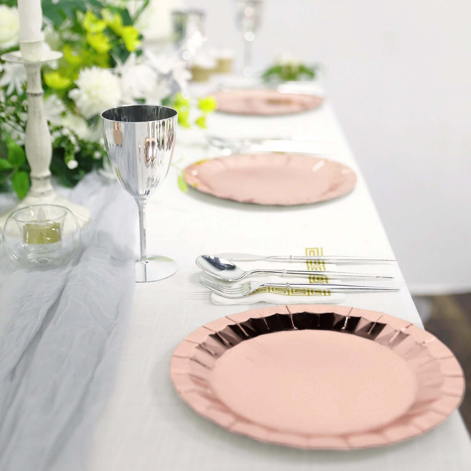 25-Pack Paper 9" Round Dinner Plates in Metallic Rose Gold with Geometric Prism Rim - Disposable 400GSM Party Plates