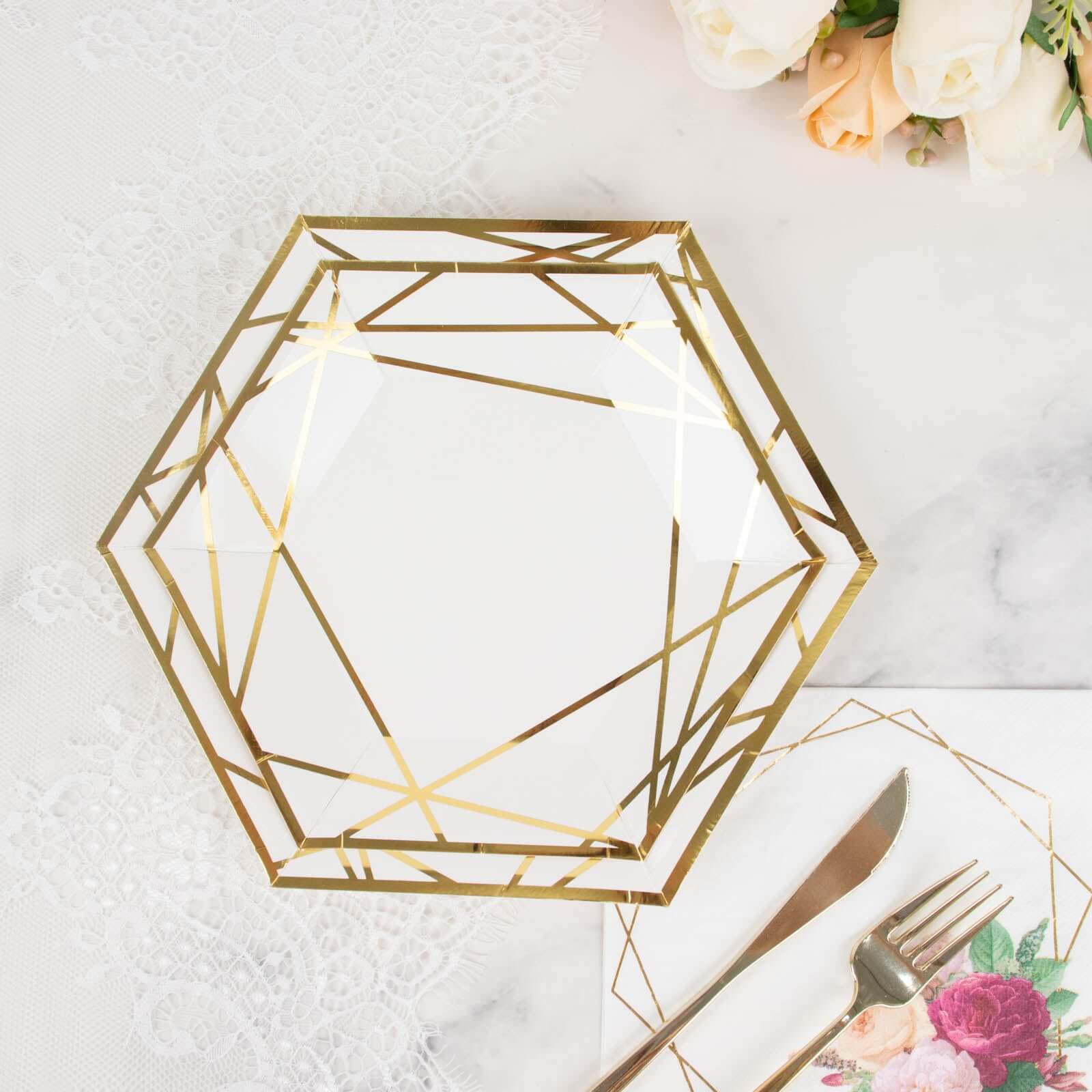 25-Pack Paper 7" Hexagon Dessert Plates in White with Gold Geometric Lines & Rim - Stylish Disposable Geometric 300GSM Appetizer Salad Plates for Events & Banquets