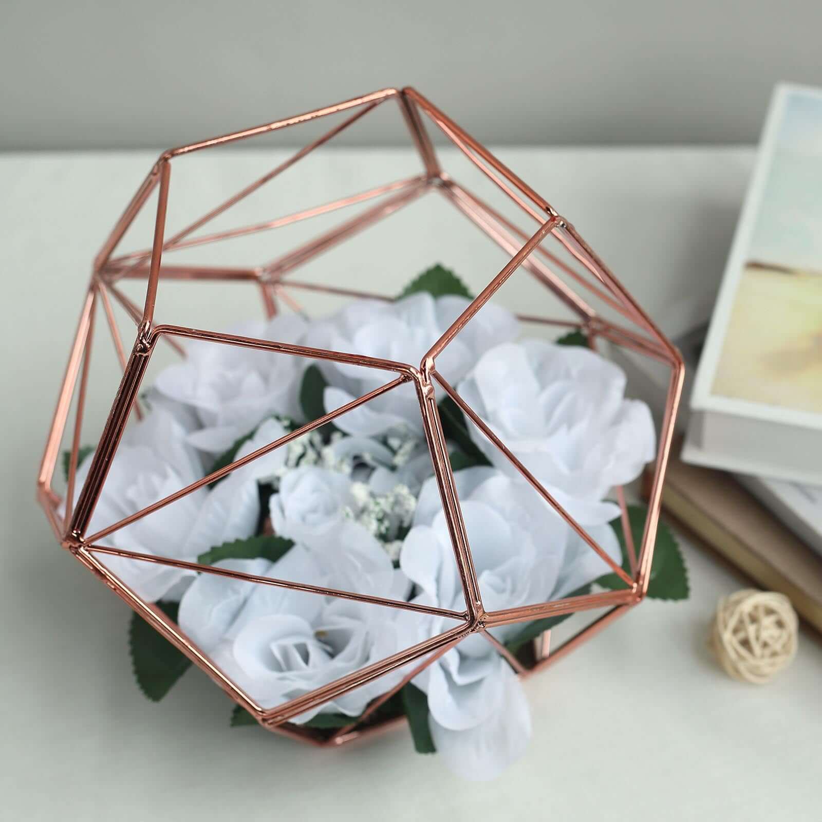 Tealight Candle Holder Rose Gold Metal Pentagon Prism Geometric Open Frame - Flower Stand 7"