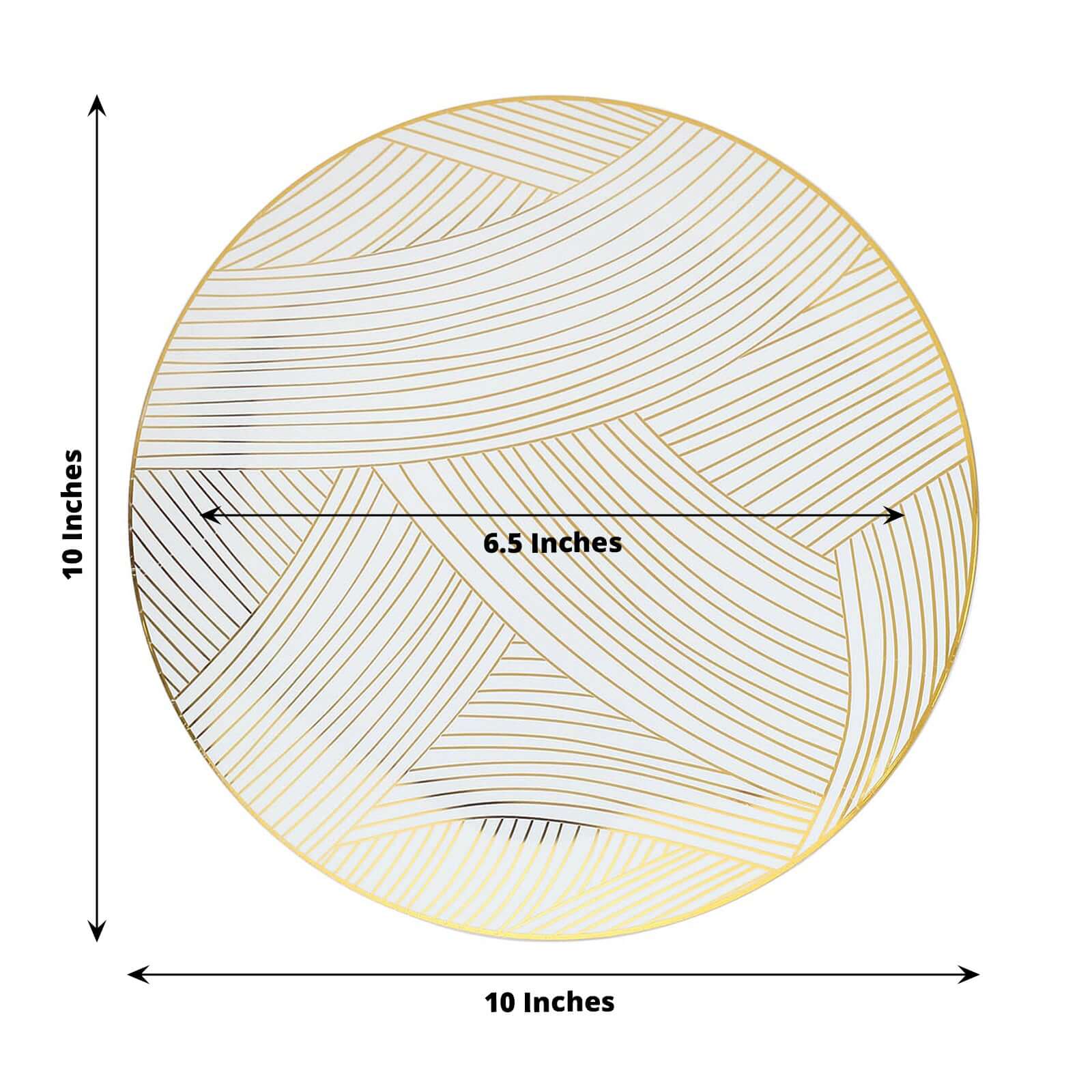 10-Pack Plastic 10" Round Dinner Plates in White with Gold Wave Brush Strokes Pattern - Disposable Party Plates for Modern & Classy Table Decor