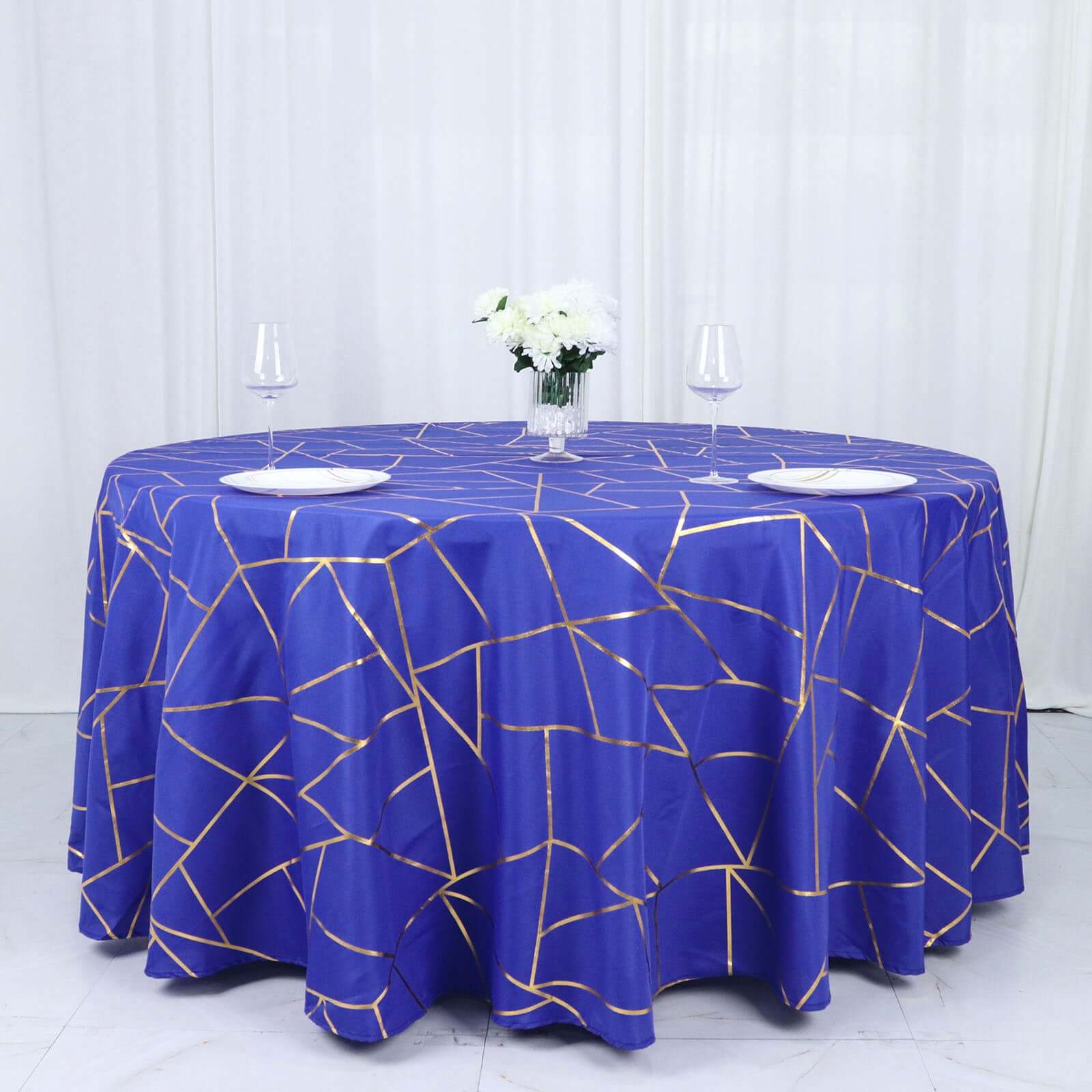 Polyester 120" Round Tablecloth Royal Blue with Gold Foil Geometric Pattern Wrinkle-Resistant Seamless Table Cover