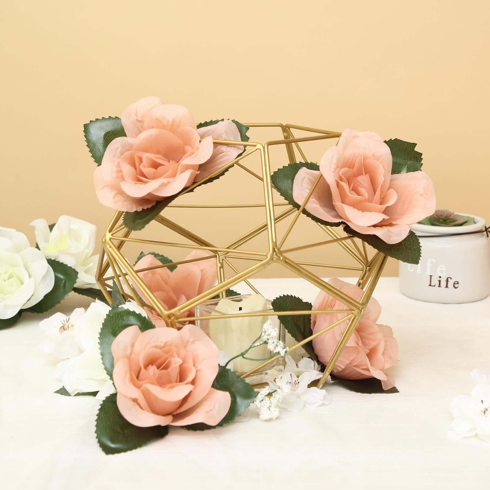 Tealight Candle Holder Gold Metal Pentagon Prism Geometric Open Frame - Flower Stand 7"