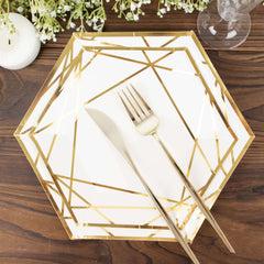 25-Pack Paper 9" Hexagon Dinner Plates in White with Gold Geometric Lines & Rim