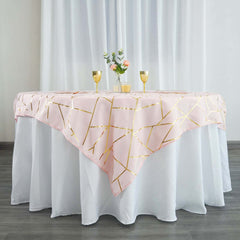 Polyester 54"x54" Table Overlay Square Tablecloth Blush with Gold Foil Geometric Pattern - Wrinkle-Resistant & Durable Table Topper