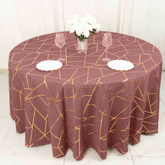 Polyester 120" Round Tablecloth Cinnamon Rose with Gold Foil Geometric Pattern Wrinkle-Resistant Seamless Table Cover