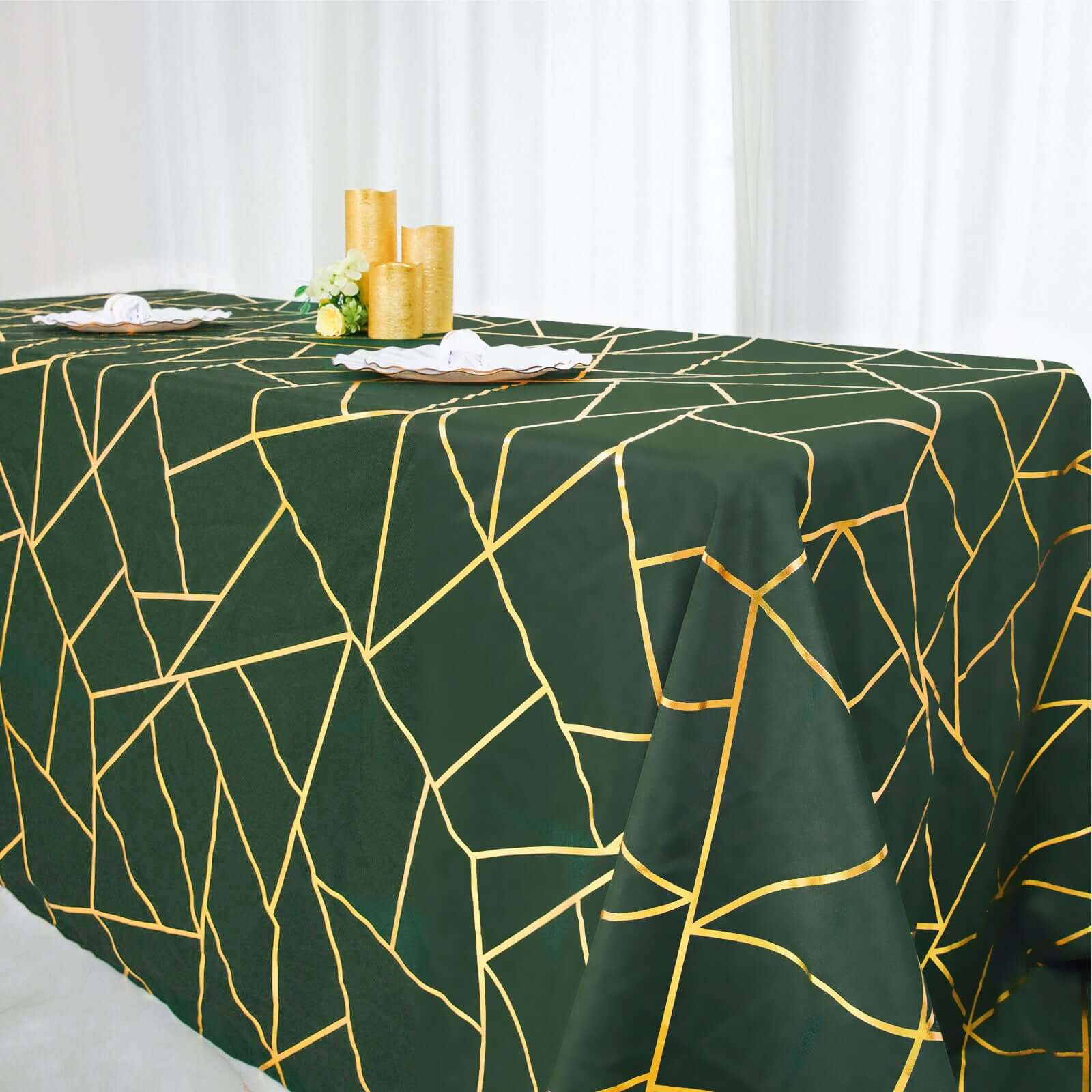 Polyester 90"x132" Rectangle Tablecloth Hunter Emerald Green with Gold Foil Geometric Pattern - Wrinkle-Resistant Seamless Table Cover