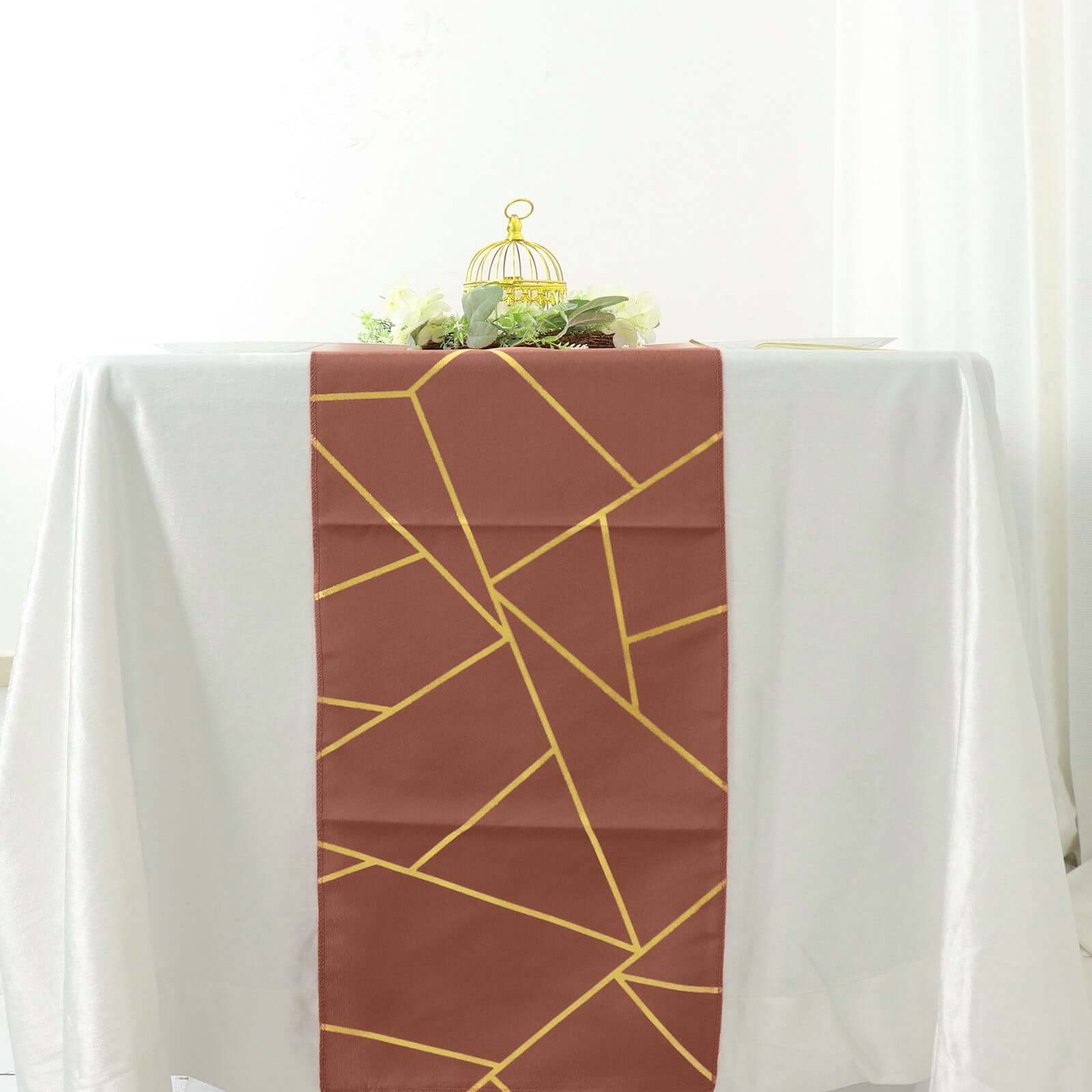 Polyester 9ft Table Runner Terracotta (Rust) with Gold Foil Modern Geometric Accent