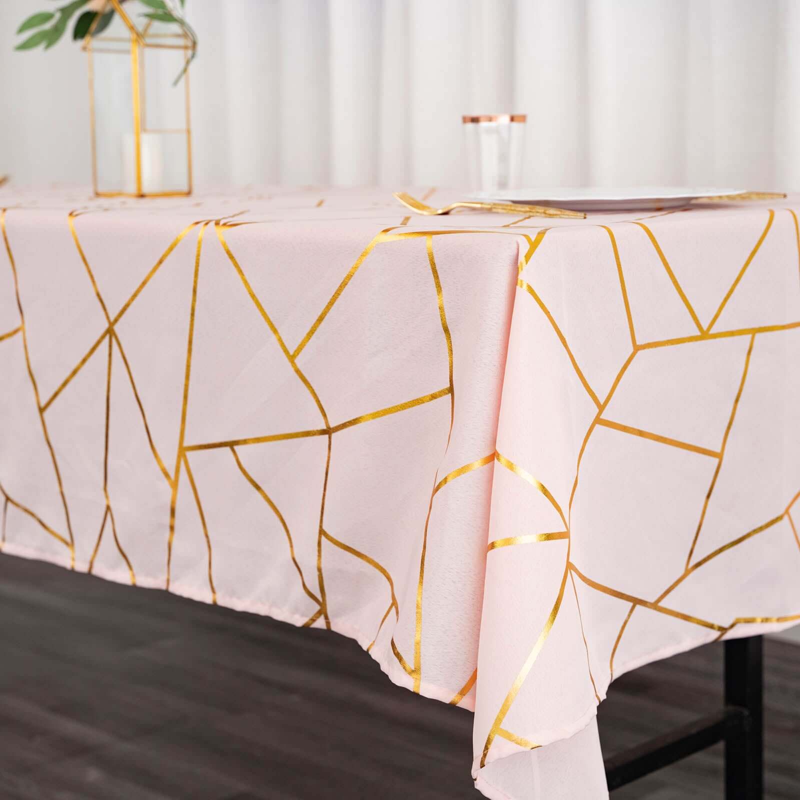 Polyester 60"x102" Rectangle Tablecloth Blush with Gold Foil Geometric Pattern - Wrinkle-Resistant & Durable Table Cover