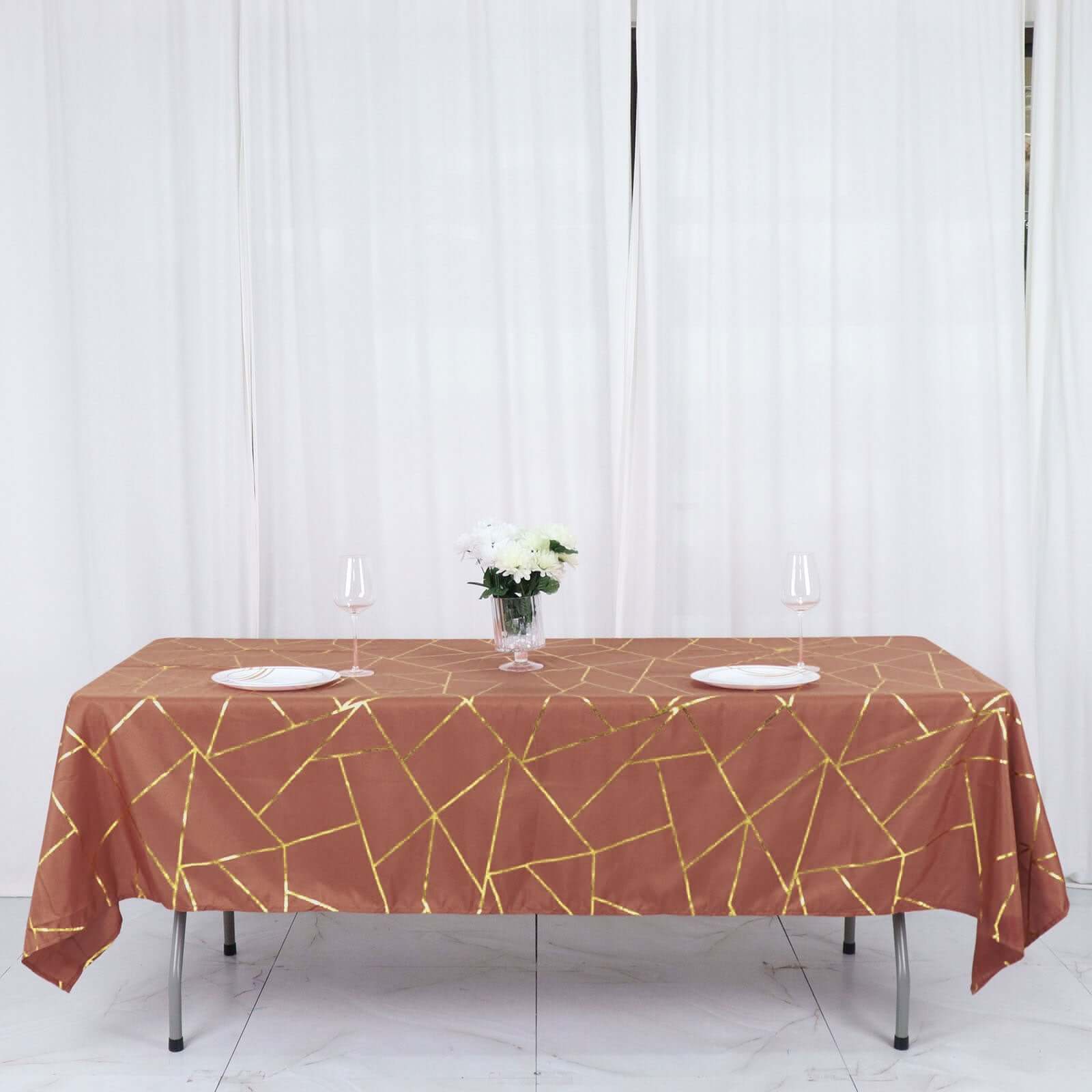 Polyester 60"x102" Rectangle Tablecloth Terracotta (Rust) with Gold Foil Geometric Pattern - Wrinkle-Resistant & Durable Table Cover