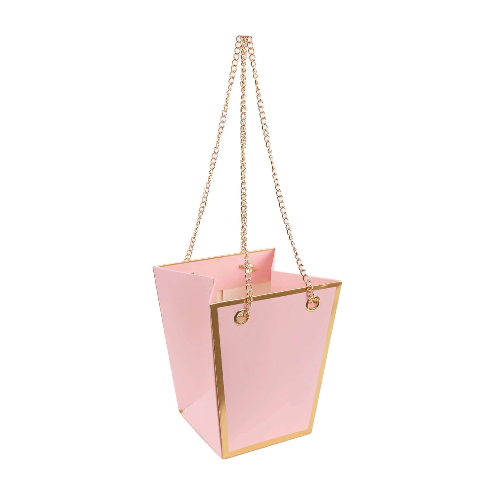 6 Pack Pink Gold Edge Paper Flower Gift Bags With Metal Chain Handles, Trapezoid Party Favor Tote Bags - 5"x6"