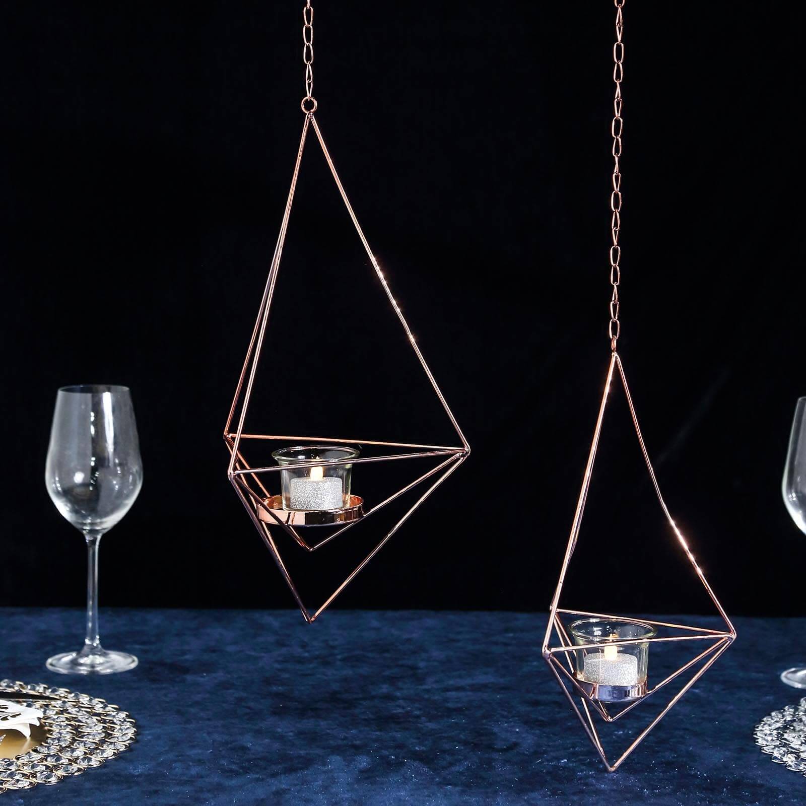 Set of 2 Hanging Tealight Candle Holders Rose Gold Metal Diamond Geometric Open Frame - Flower Terrariums 12", 15"