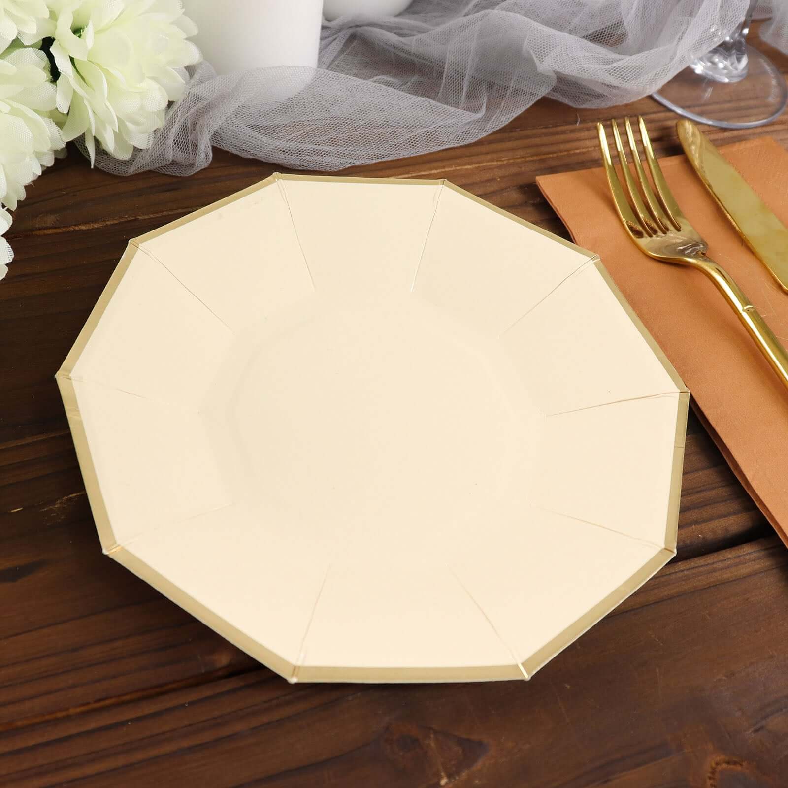 25-Pack Paper 7" Decagon Appetizer Plates in Beige with Gold Foil Rim