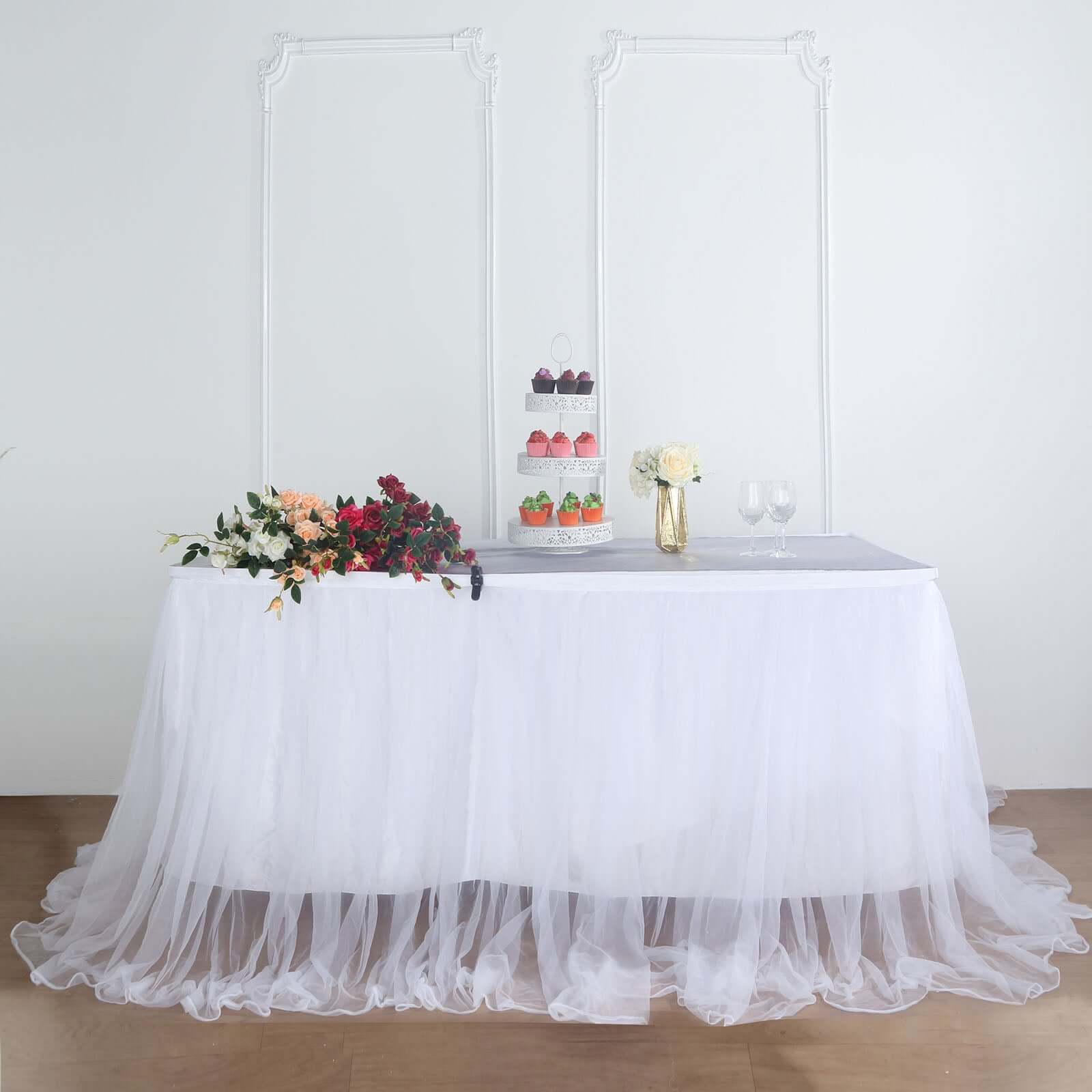 Extra Long Tulle 14ft Table Skirt White with Satin Edge - Table Cover for Baby Showers & Events