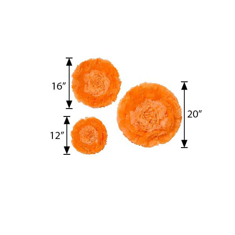 Set of 6 Coral Orange Giant Carnation 3D Paper Flowers Wall Decor - 12",16",20"