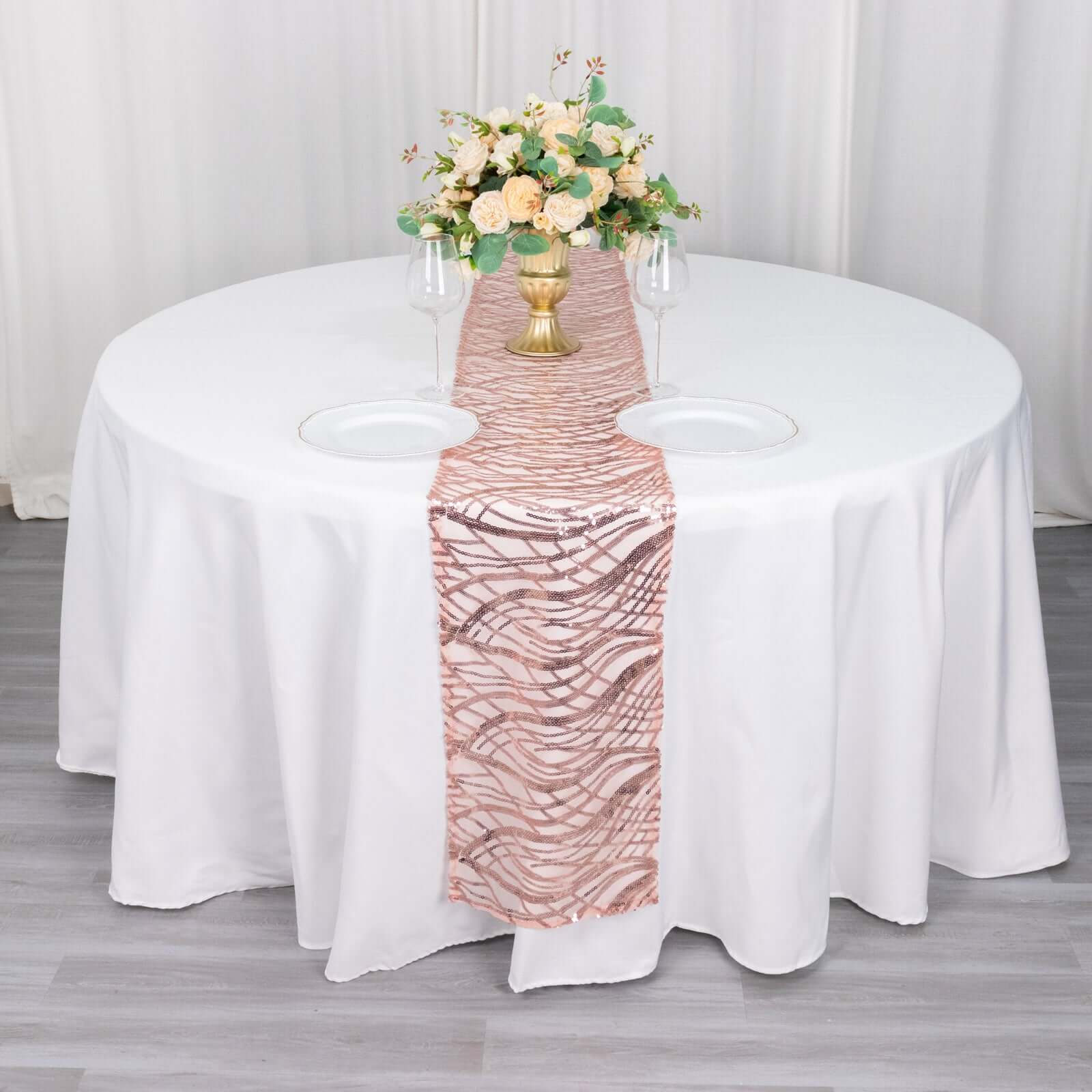 Sequin Mesh 12"x108" Table Runner Blush Stylish Wave Embroidery