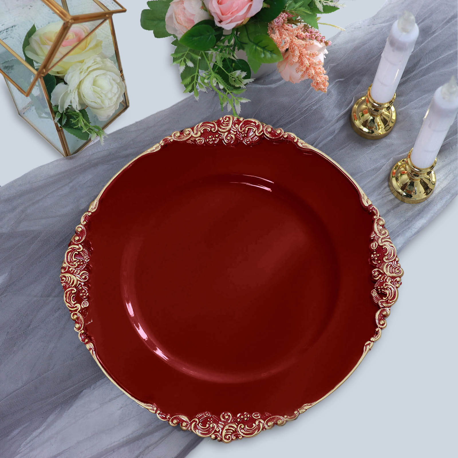 6-Pack Acrylic Round Charger Plates 13" in Burgundy with Gold Embossed Baroque Rim, Antique Decorative Dinner Party Charger Tableware