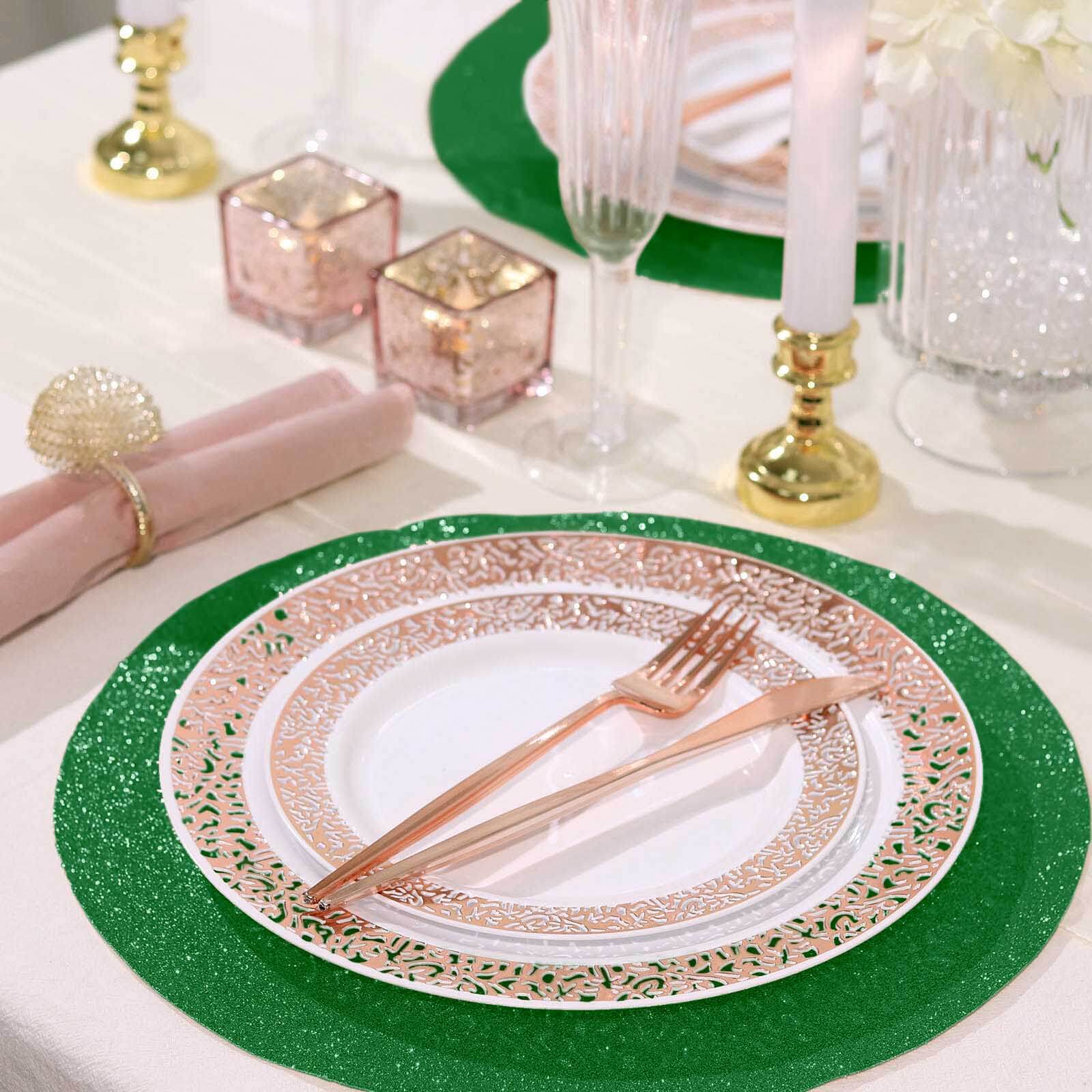 6-Pack Placemats Glitter Design Green Sparkle Round - Non-Slip Decorative Dining Table Mats 13"