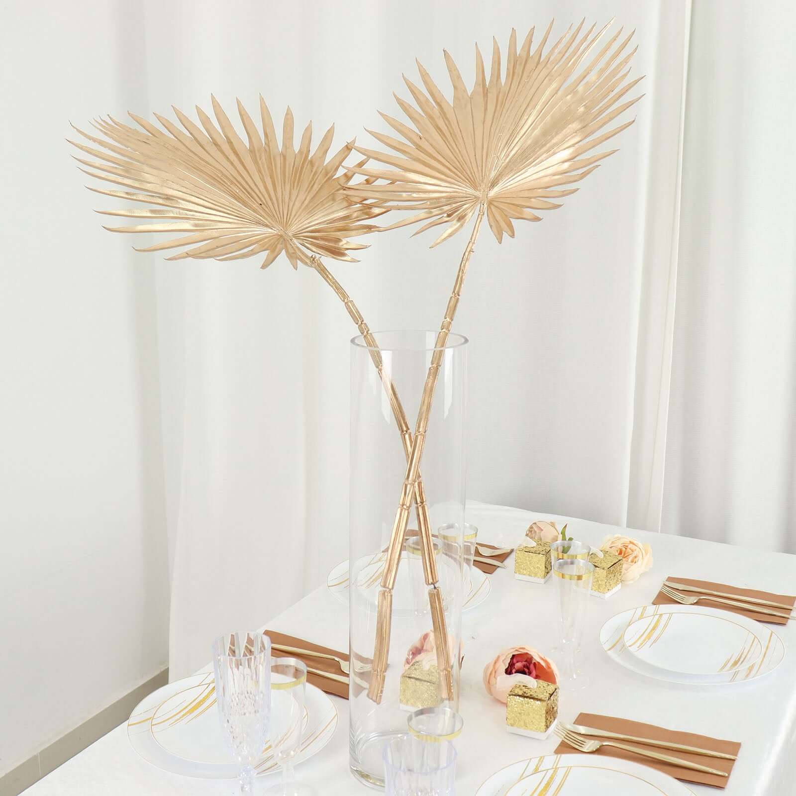 2-Pack Artificial Palm Leaf Stems Metallic Gold - Glam Tropical Faux Plant Vase Filler Floral Backdrop Table Decor 34"