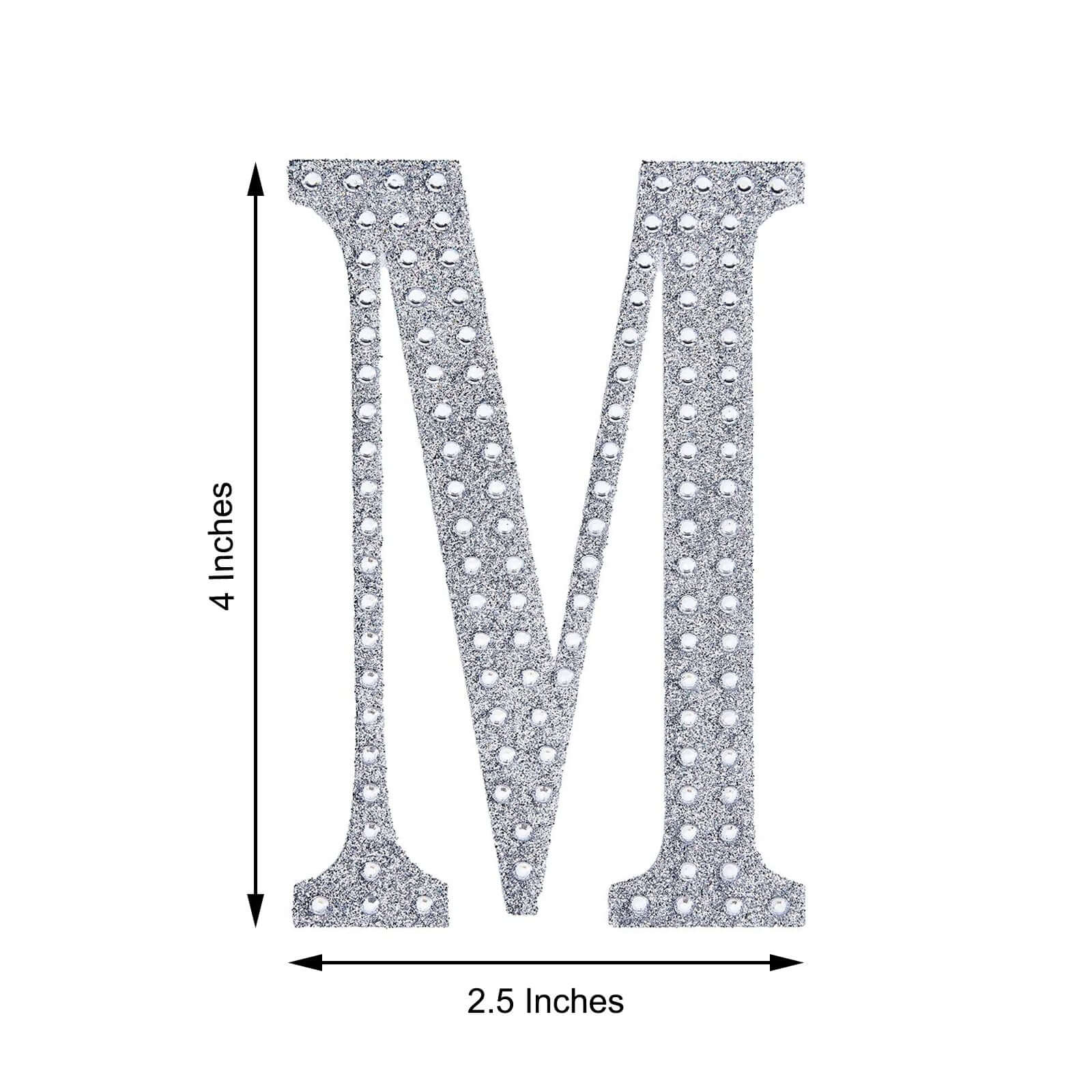 Decorative Rhinestone Alphabet "M" Letter Stickers, Glitter Adhesive Craft Letters Silver DIY Sparkle Embellishments 4"